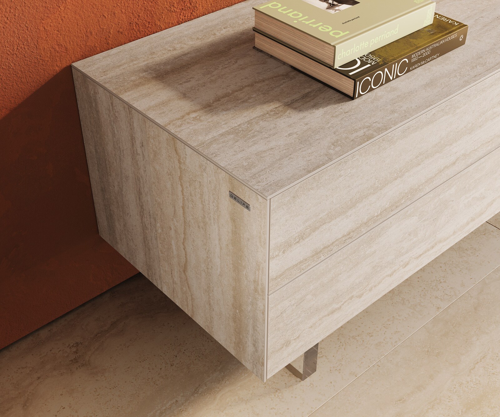 Lowboard Cuor 220 cm Keramik Laminam® Travertino Bianco Creme-Weiß 1 Klappe 2 Schubfächer Fuß Schwebeoptik Acrylglas 5