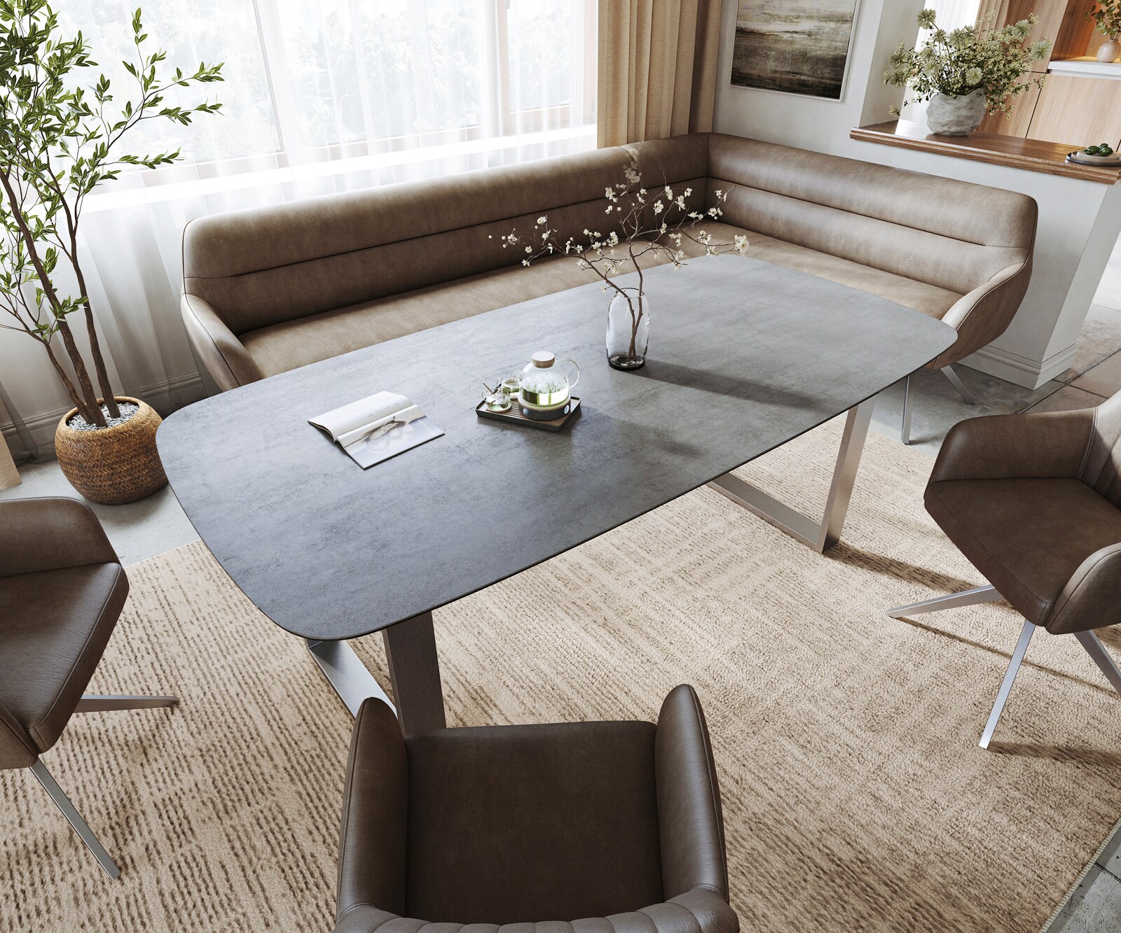 Table à manger Edge bateau 200x100 cm céramique béton gris inox étroit 3