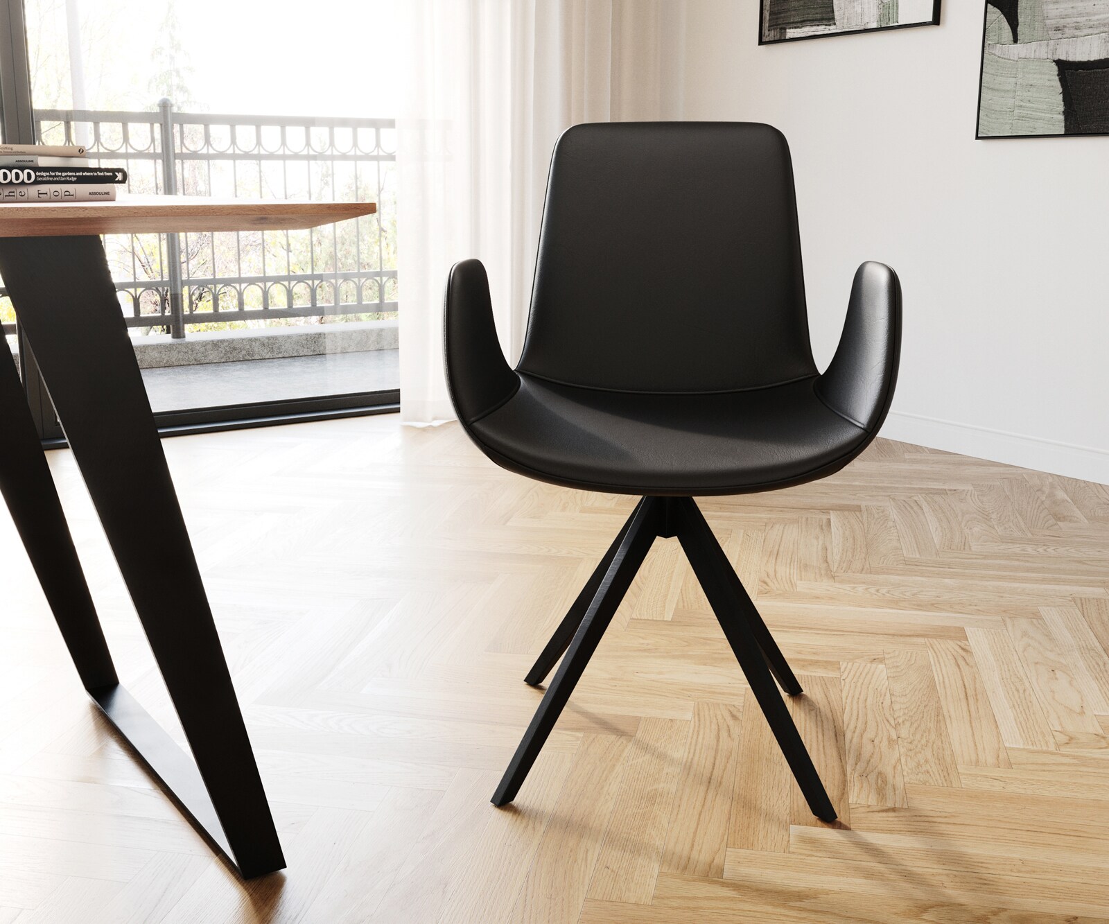 Esszimmerstuhl Ilia-Flex mit Armlehnen Echt-Leder Schwarz Kreuzgestell kantig Schwarz 1 Esszimmerstuhl Ilia-Flex mit Armlehnen Echt-Leder Schwarz Kreuzgestell kantig Schwarz 1