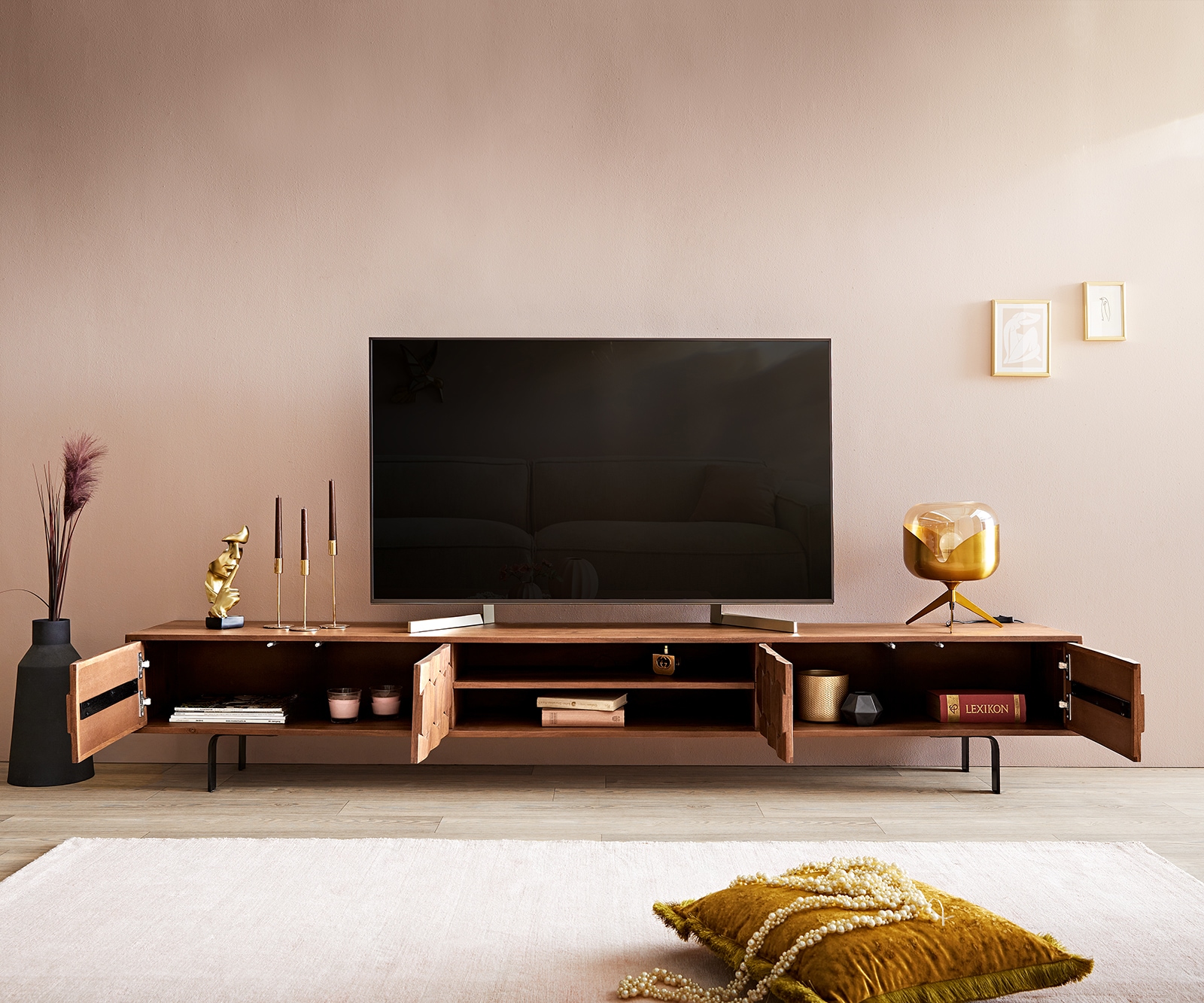 Lowboard Fevo 240 cm Akazie Braun 4 Türen L-Fuß 4