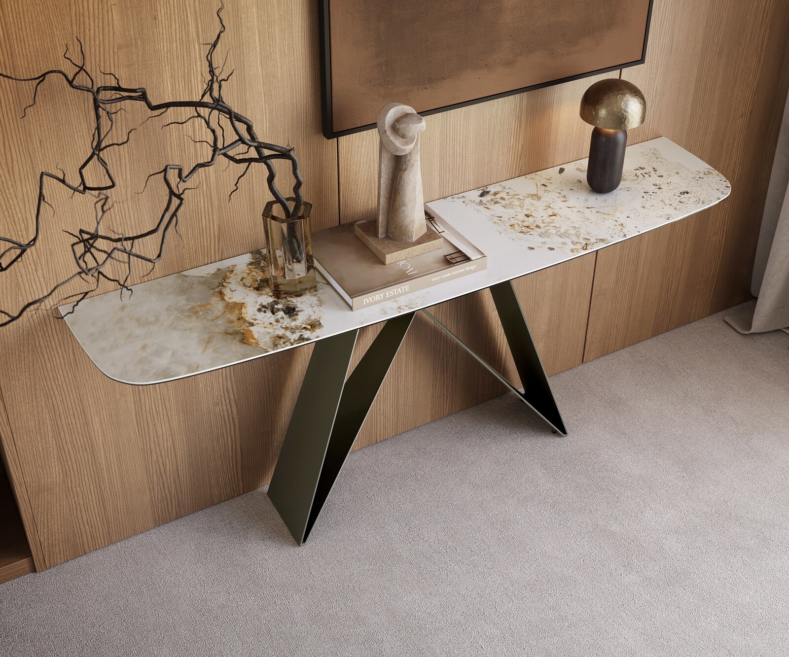 Konsolentisch Edge Boot 180x40 cm Keramik Minas Melange Weiß-Beige Velio Metall Effektfinish Titan 2