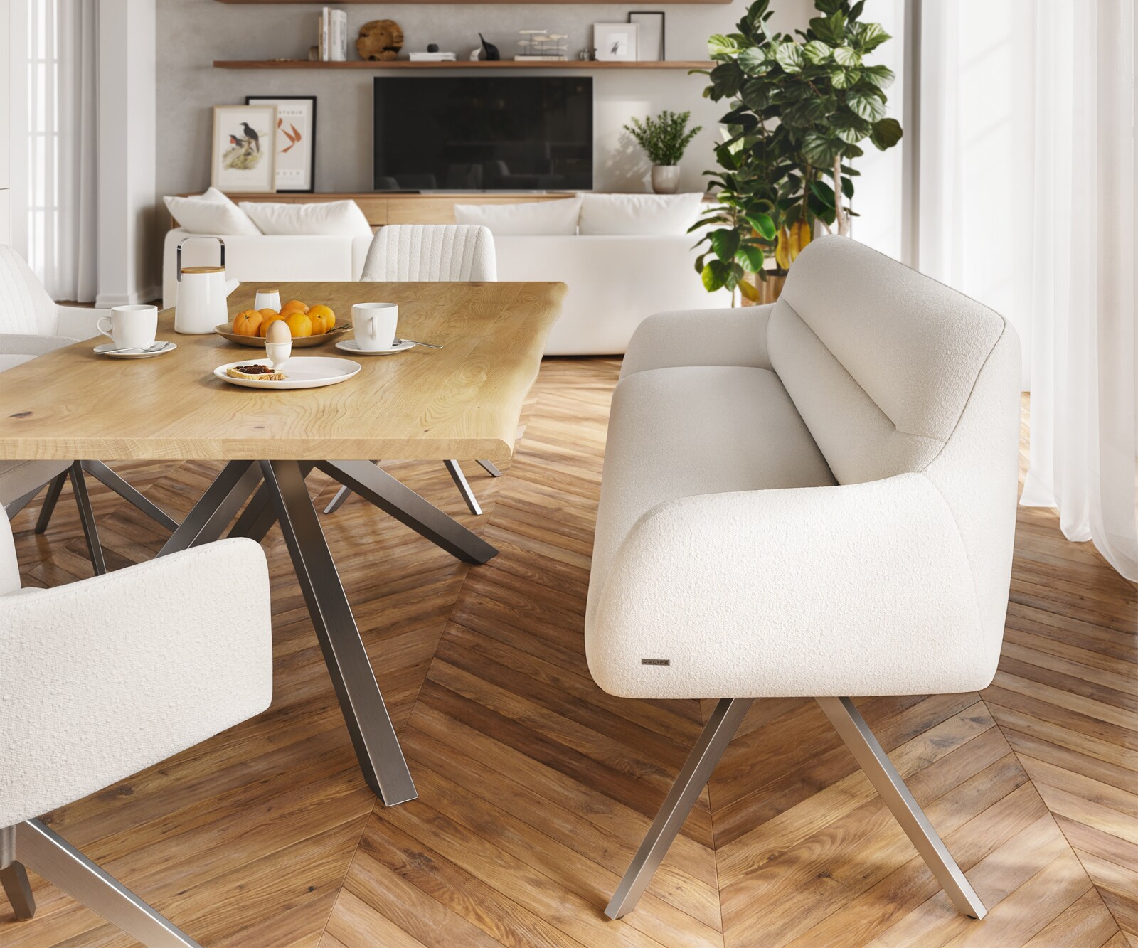 Esszimmerbank Taya-Flex 200 cm Bouclé Creme-Weiß Kreuzgestell kantig Graphit Taschenfederkern 1