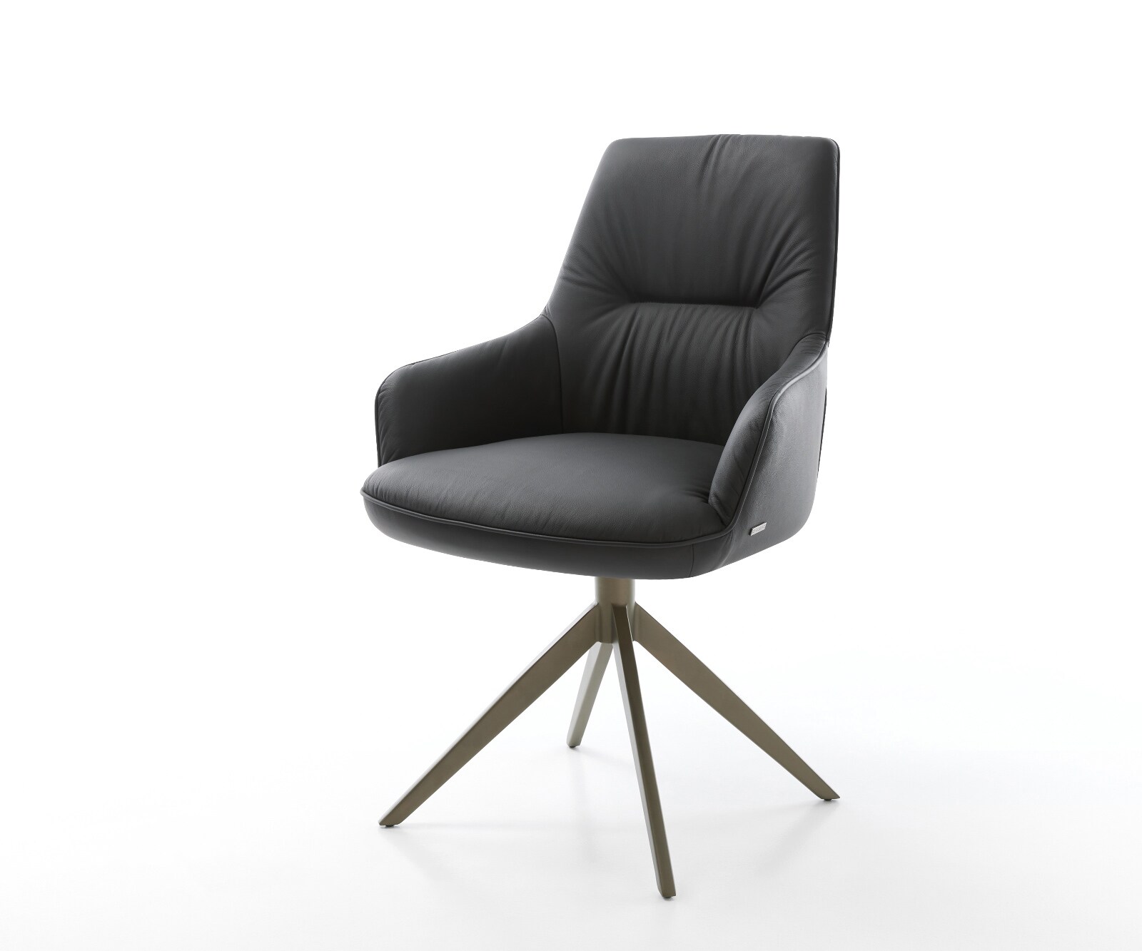 Chaise-pivotante Zelia-Flex avec accoudoirs cuir de vache noir pied croisé large aspect titane pivotement sur 360° fonction bascule ressorts ensachés