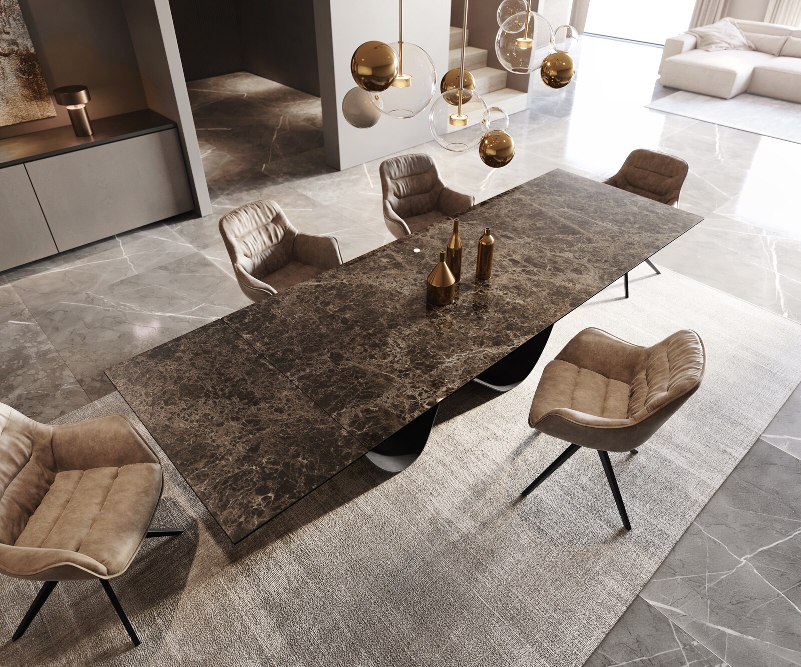 Table de salle à manger Edge Céramique Emperador Extra Lucidato Brun foncé 200-300x100 Infinity Métal Noir extensible 3