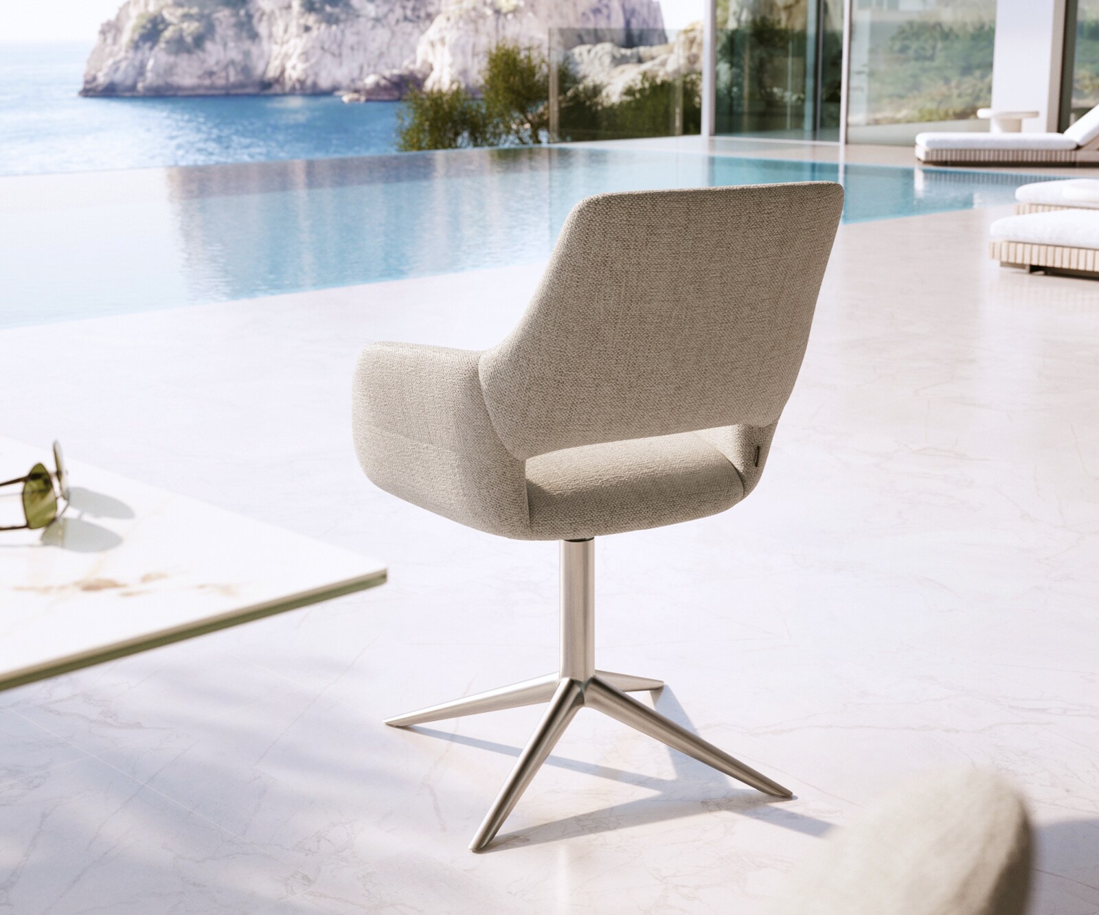 Chaise-d'extérieur Yago-Flex avec accoudoirs tissu texturé gris-blanc pied de chaise 4 branches acier inoxydable pivotement sur 360° fonction bascule 4