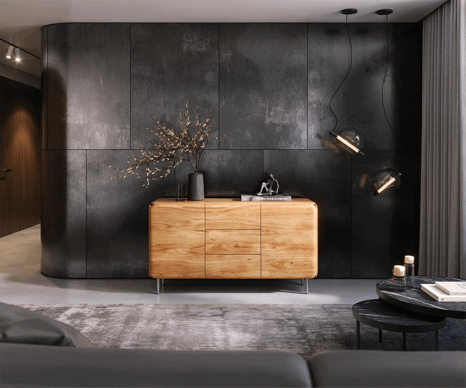 Sideboard Shavani 145 cm Akazie Natur 2 Türen 3 Schubladen Rundfuß Edelstahl Silber 1 Sideboard Shavani 145 cm Akazie Natur 2 Türen 3 Schubladen Rundfuß Edelstahl Silber 1