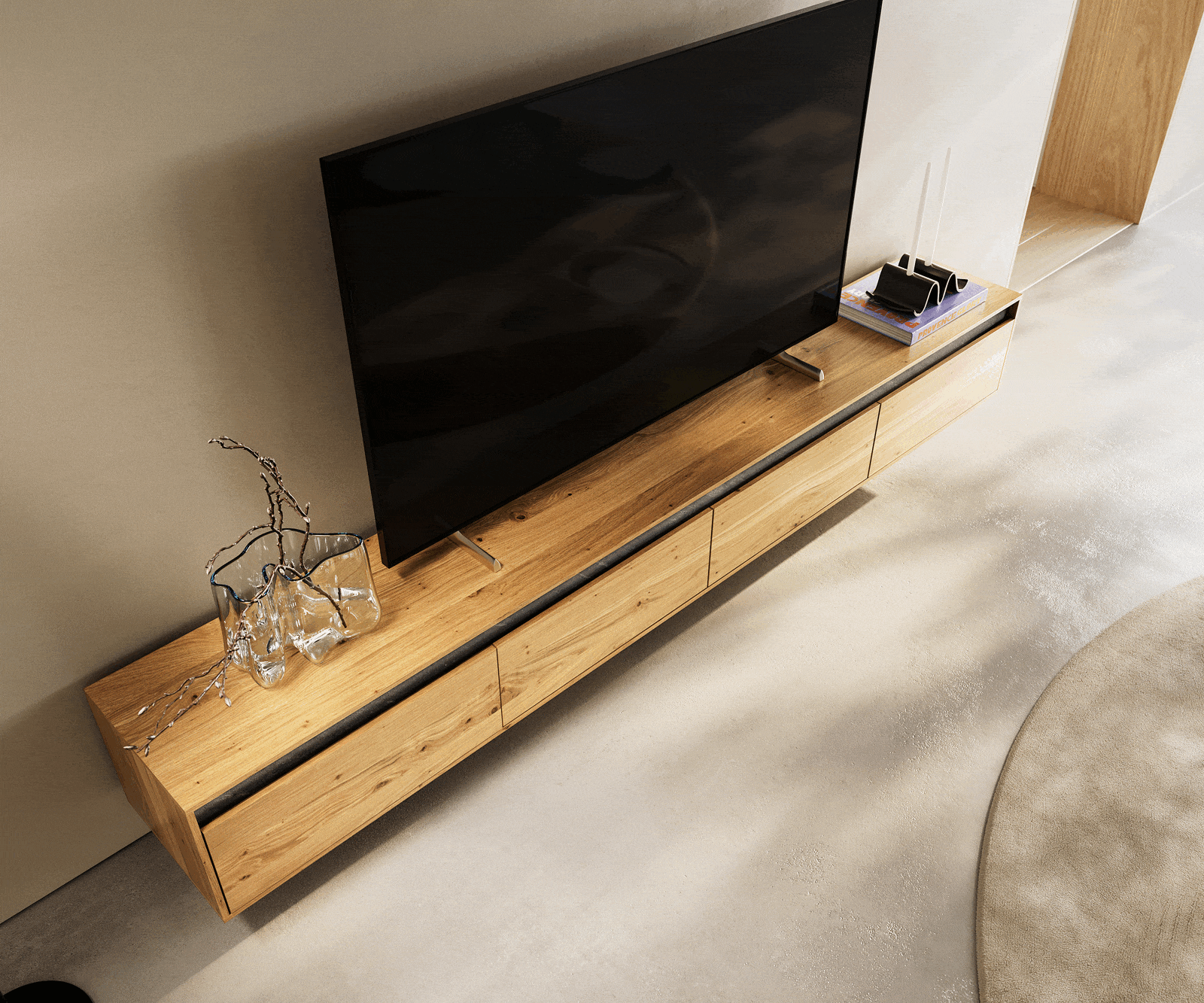 Meuble-TV Stonegrace 240 cm chêne naturel 4 portes suspendues 3 Meuble-TV Stonegrace 240 cm chêne naturel 4 portes suspendues 3