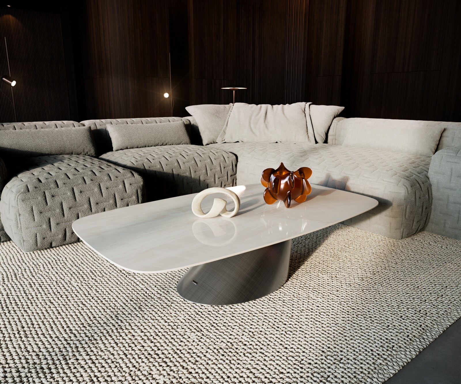Table basse Edge forme bateau 140x80 cm céramique Onyx Champagne Conis métallique argent