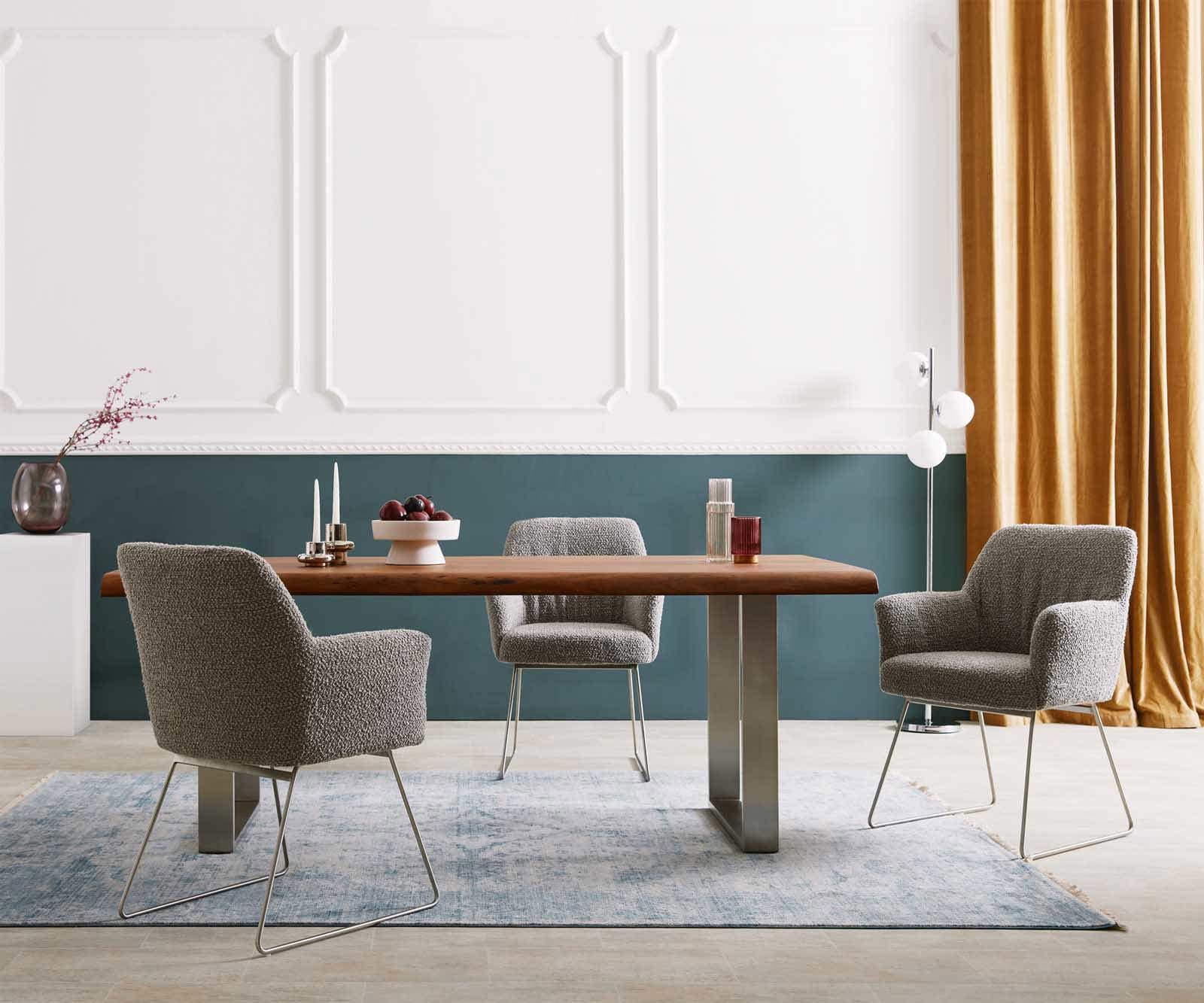 Esszimmerstuhl Xana-Flex mit Armlehnen Bouclé Silbergrau Kufengestell Edelstahl Taschenfederkern 6 Esszimmerstuhl Xana-Flex mit Armlehnen Bouclé Silbergrau Kufengestell Edelstahl Taschenfederkern 6