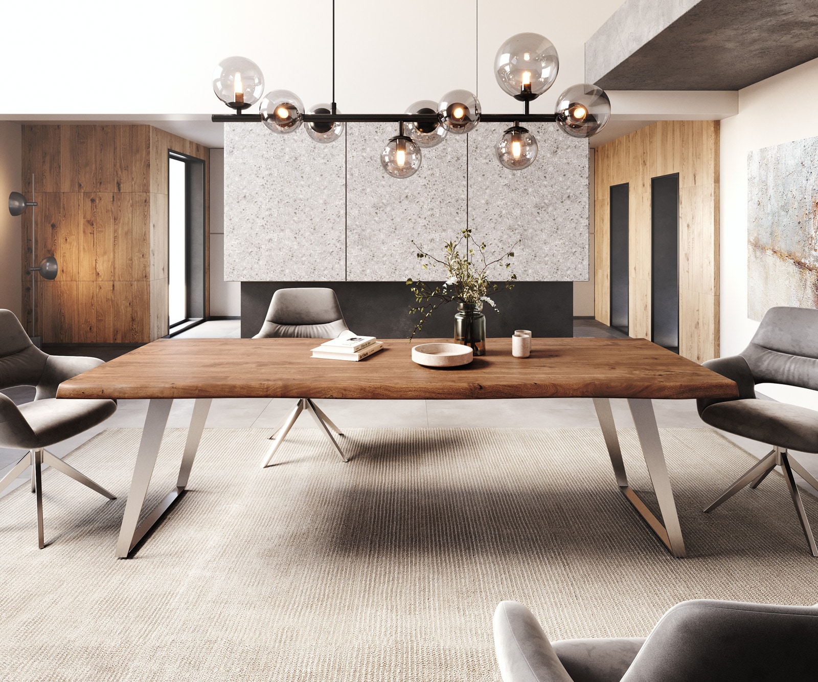 Table-à-manger Edge 260x100cm XL acacia marron acier inoxydable argent incliné Live-Edge 2