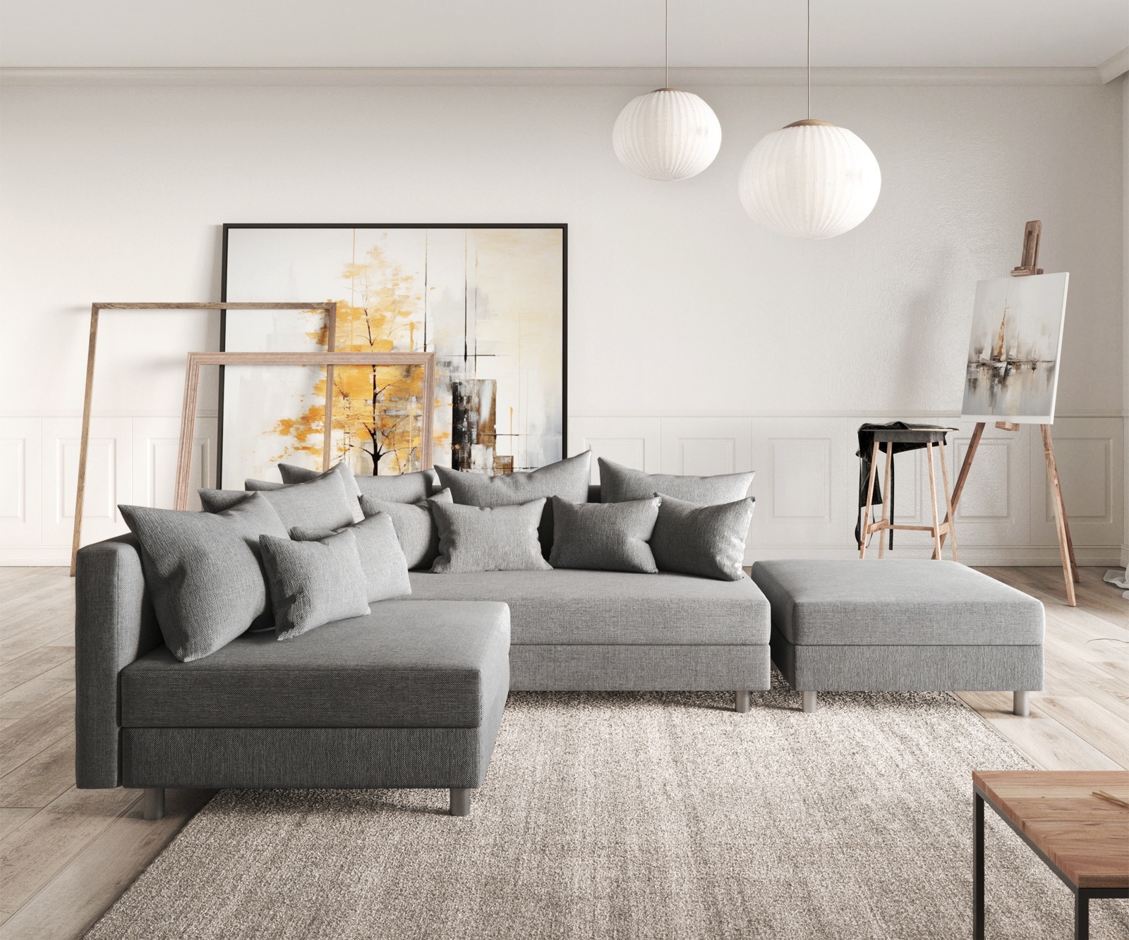 Canapé Clovis gris tabouret tissu plat ottoman droit canapé modulaire Canapé Clovis gris tabouret tissu plat ottoman droit canapé modulaire