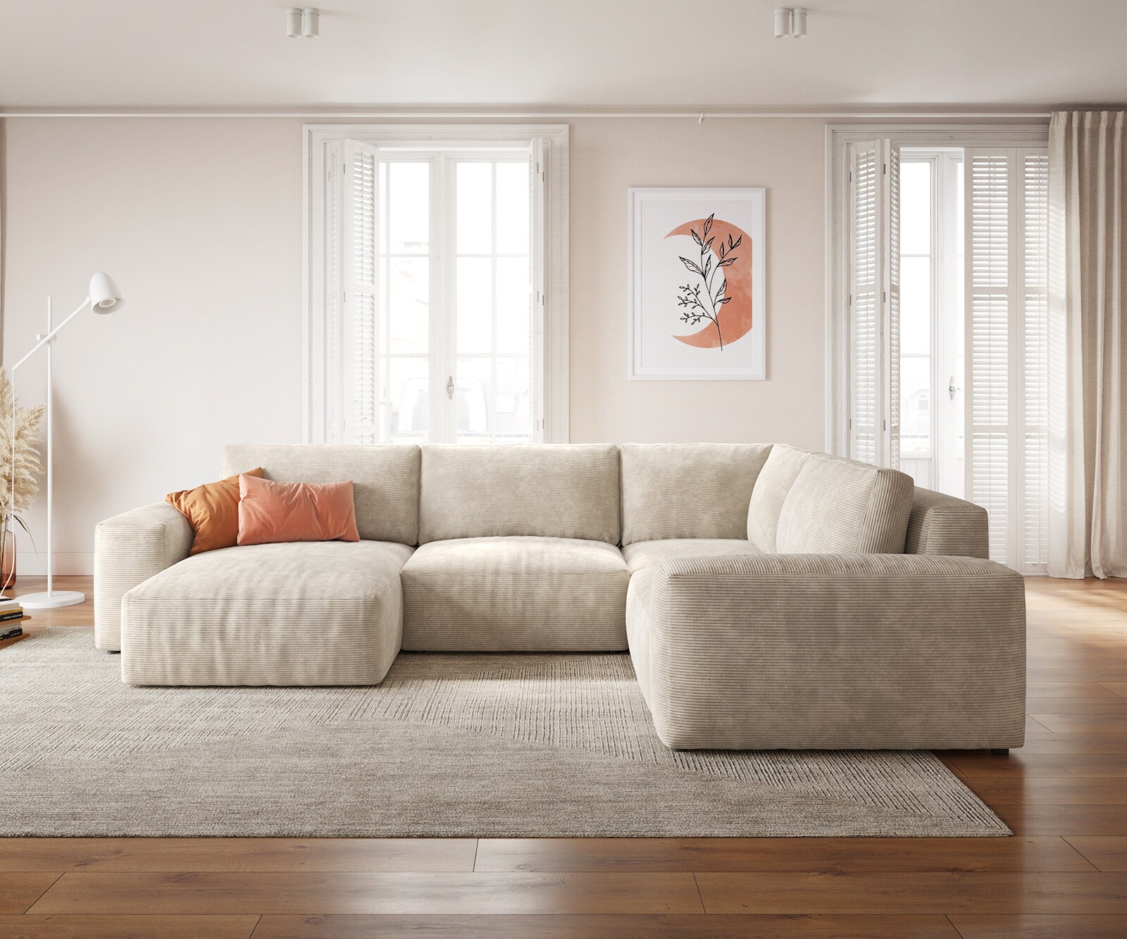 Grand canapé d’angle Lanzo 300x210 cm velours côtelé beige méridienne réversible 2