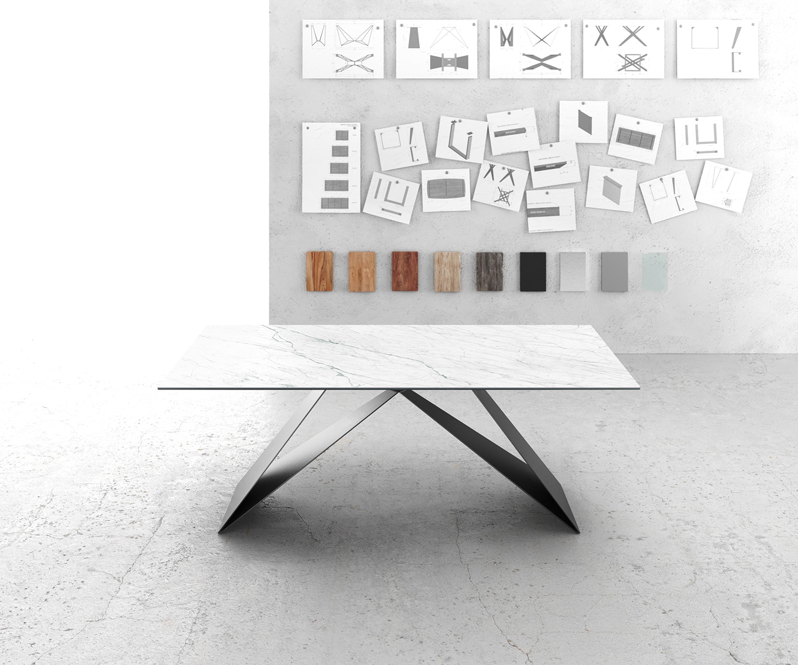 Table-à-manger Edge 200x100cm Laminam® céramique blanc V-pieds milieu noir 2