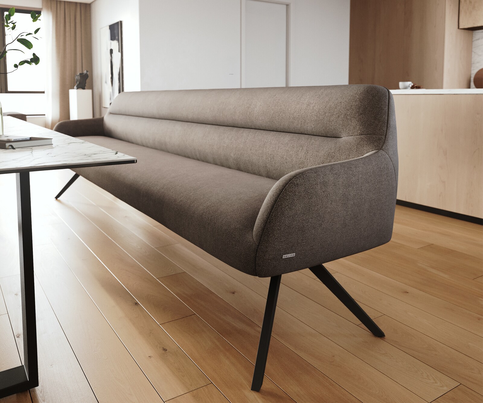 Banc-de-salle-à-manger Taya-Flex 300 cm tissu structuré doux taupe pied croisé angulaire noir ressort ensaché 5
