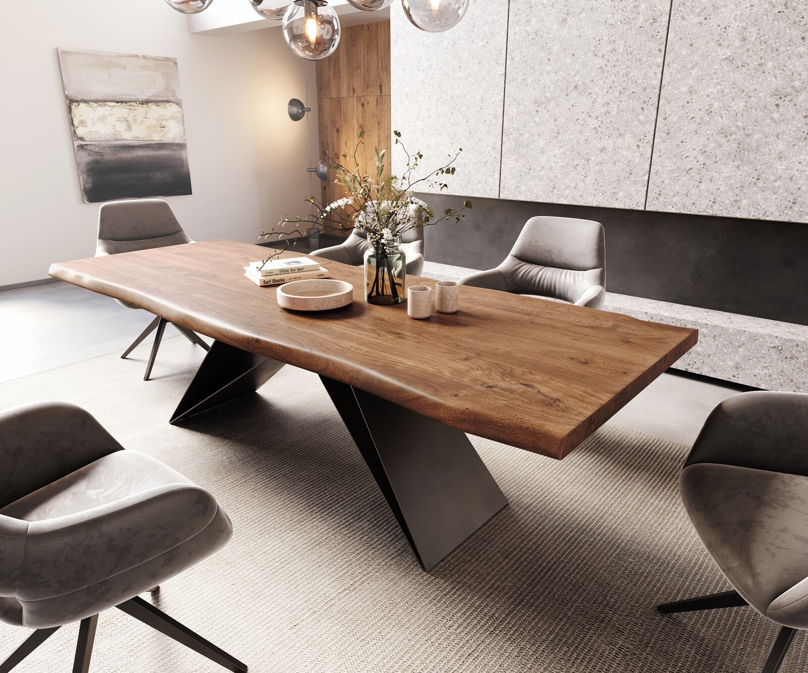 Table à manger Edge 260x100 XL acacia marron cadre en V acier plat noir Live-Edge 1
