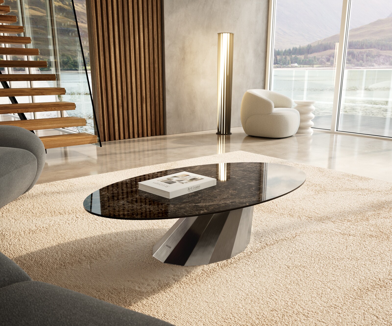 Table basse Edge Oval 140x80 cm céramique Laminam® Emperador Extra Lucidato brun foncé Parabi acier inoxydable brossé