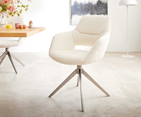 Chaise-pivotante Yago-Flex avec accoudoirs bouclé blanc pied croisé large acier inoxydable brossé pivotement sur 360° ressorts ensachés