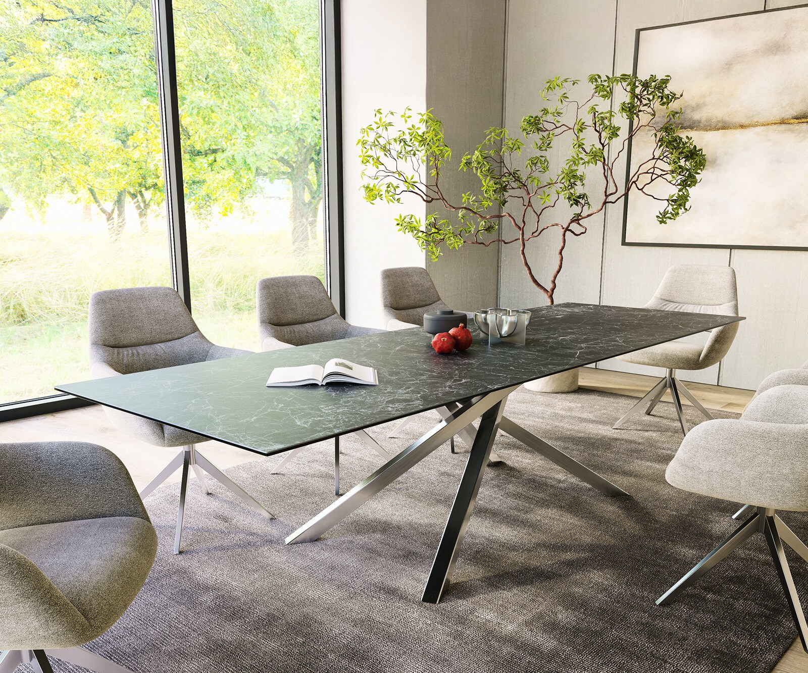 Esstisch Edge 300x100cm Keramik Laminam®Nero Greco Anthrazit Kreuzgestell Rechteck Edelstahl