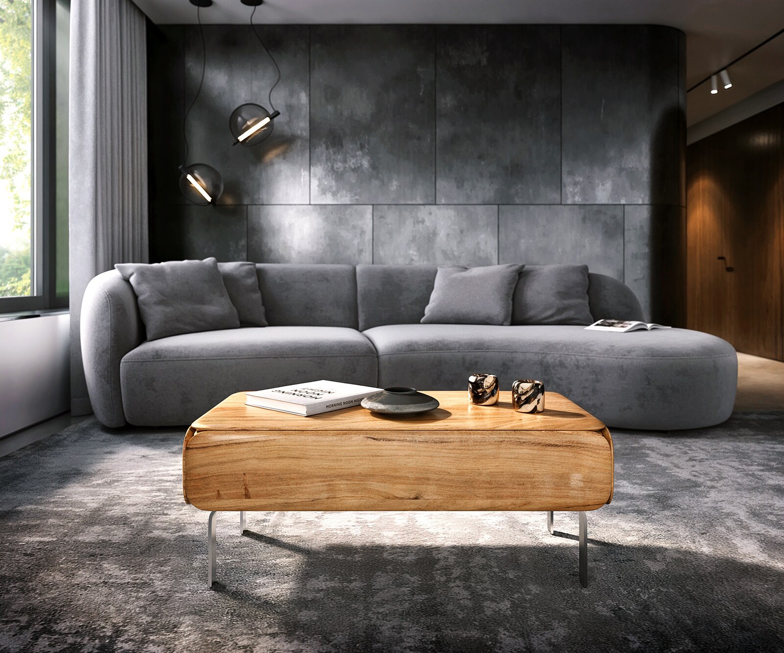 Table-basse Shavani 100x50 cm Acacia naturel 1 tiroir Pied en L Acier inoxydable argenté 1