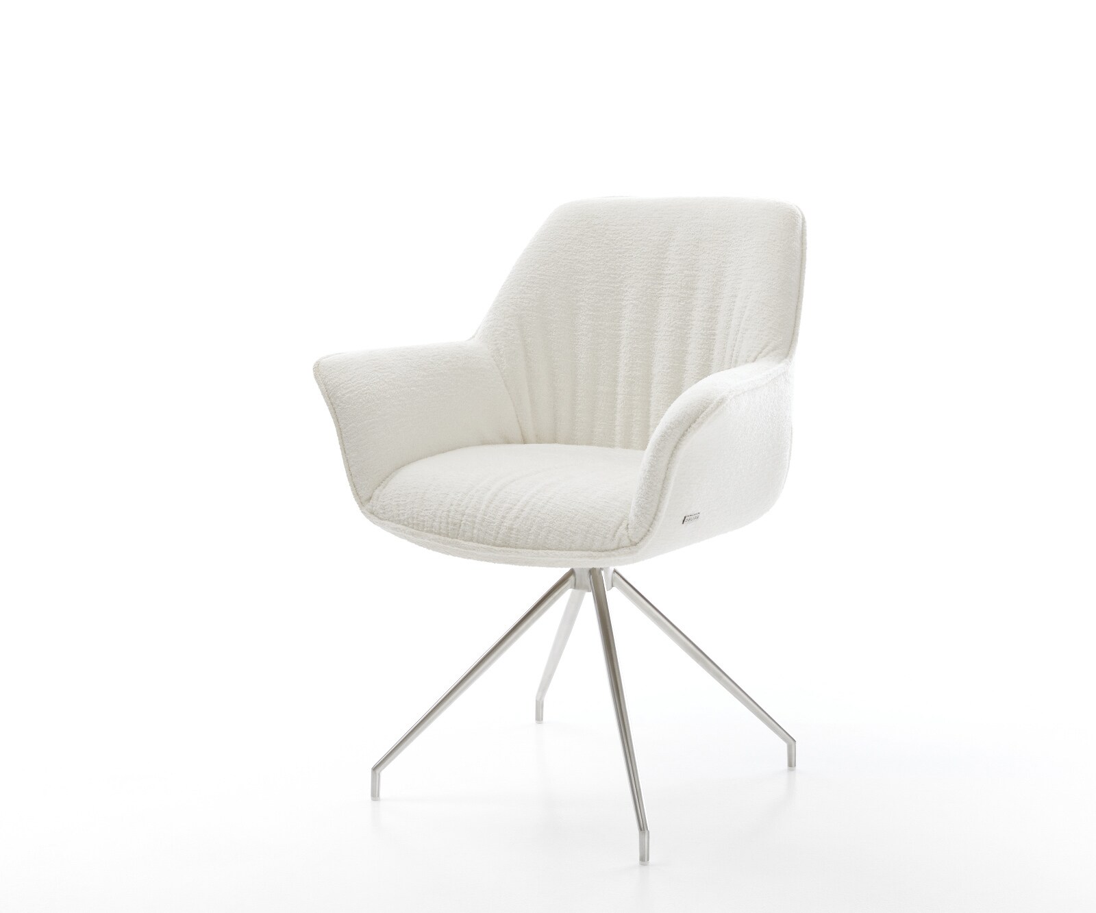 Esszimmerstuhl Keila-Flex mit Armlehnen Bouclé Soft Beige Kreuzgestell konisch Edelstahl 1