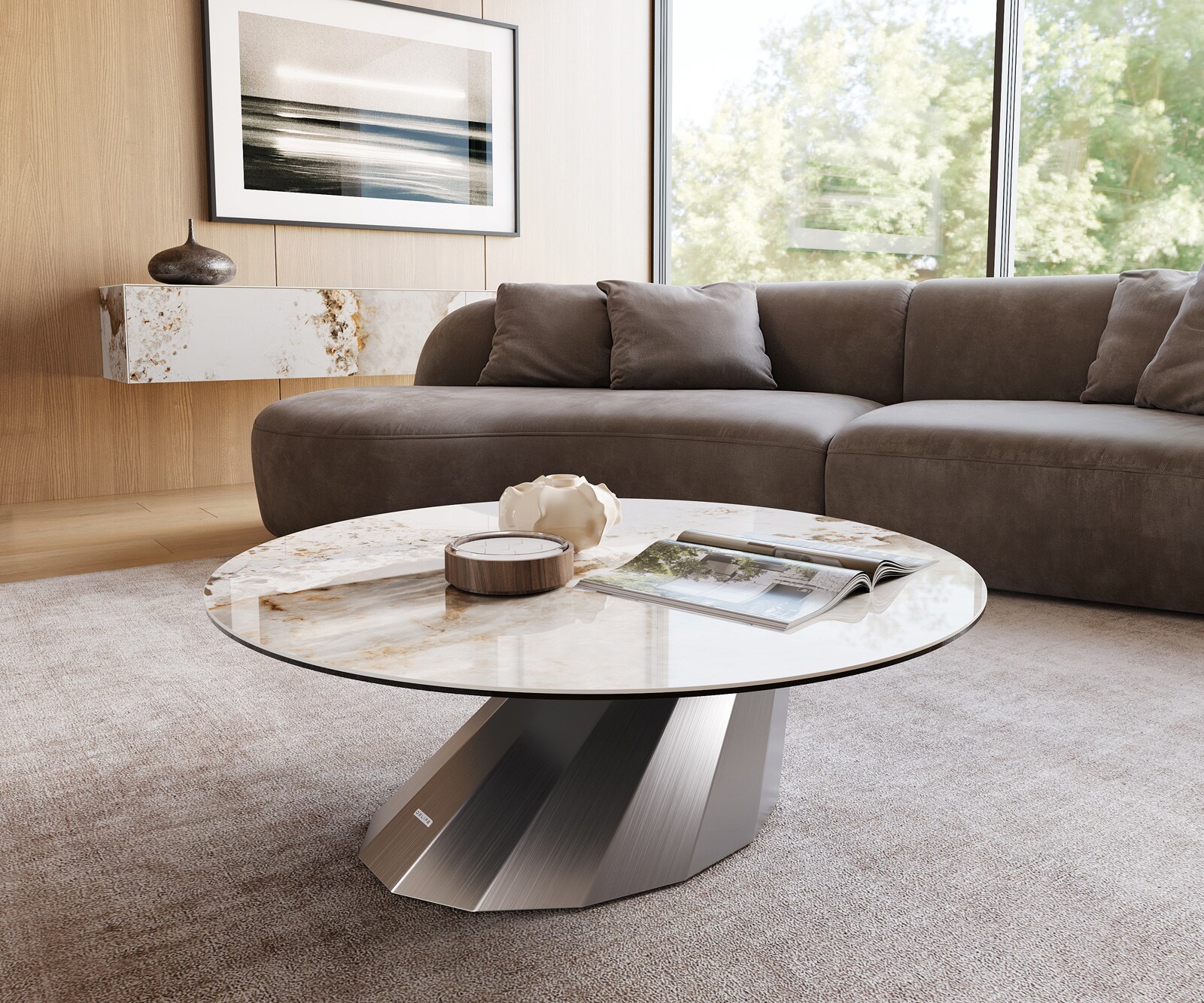 Table basse Edge rond 100x100 cm céramique Minas Melange Parabi acier inoxydable brossé