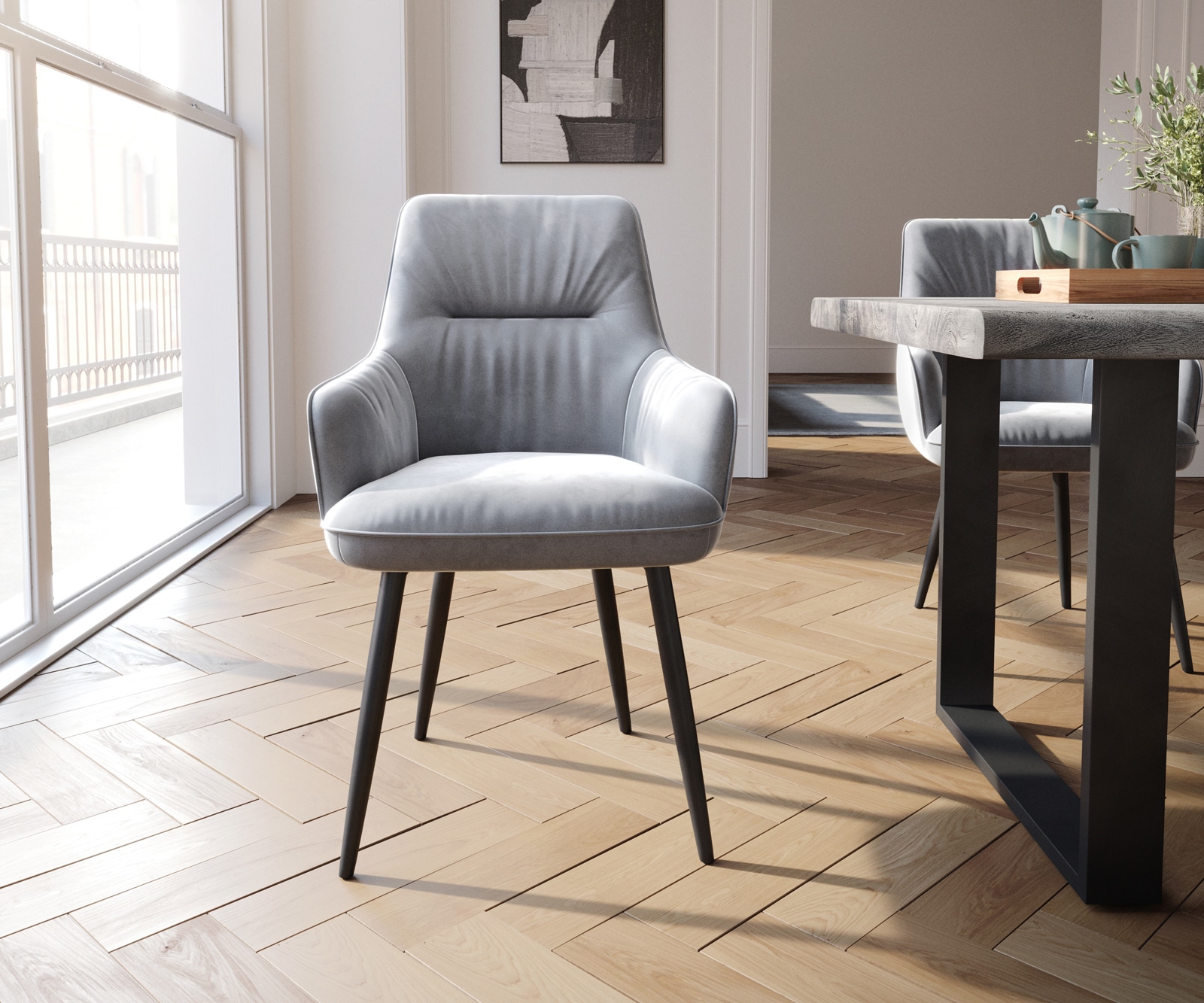 Chaise-de-salle-à-manger Zelia-Flex avec accoudoirs velours gris 4 pieds coniques noir ressorts ensachés 1 Chaise-de-salle-à-manger Zelia-Flex avec accoudoirs velours gris 4 pieds coniques noir ressorts ensachés 1