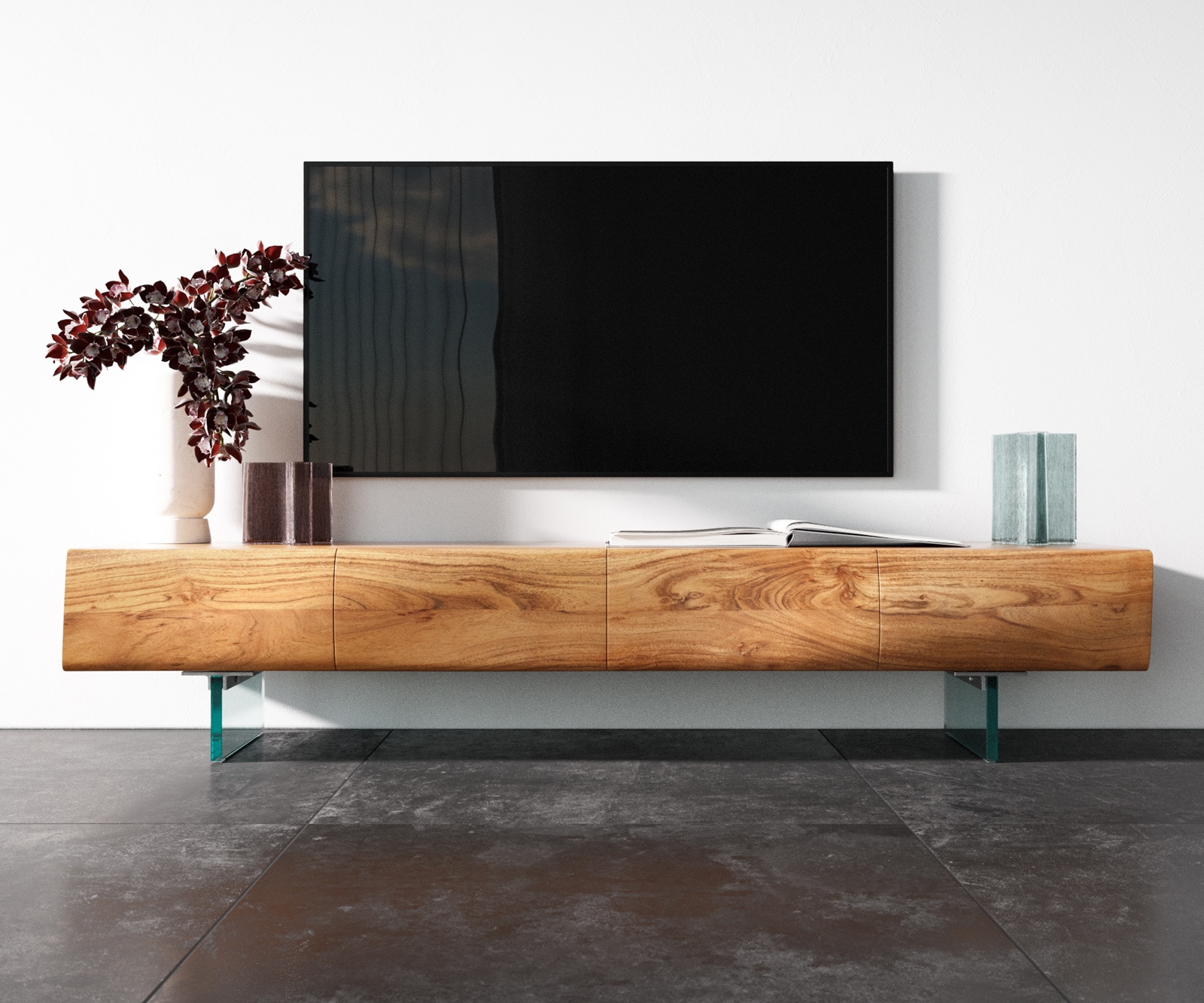 Meuble - TV New Live-Edge 175 cm acacia naturel 4 portes pied en verre 3 Meuble - TV New Live-Edge 175 cm acacia naturel 4 portes pied en verre 3