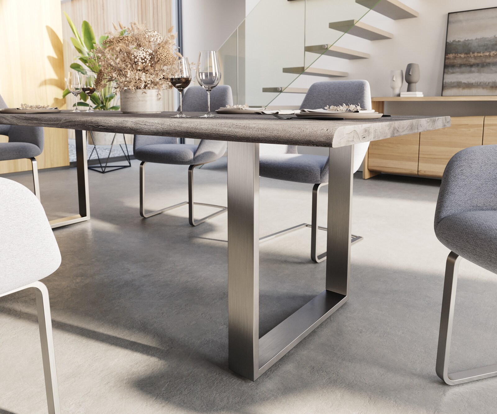 Table-à-manger Edge 260x100 acacia platine acier inoxydable mince Live-Edge 4