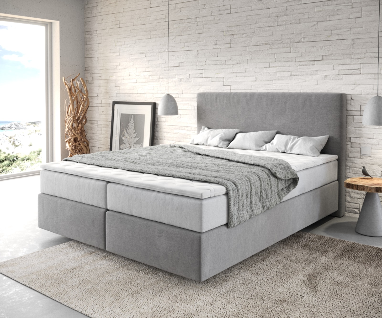 Lit-à-sommier-tapissier Dream-Well 160x200 cm Microfibre Gris avec matelas TFK et surmatelas viscoélastique Lit-à-sommier-tapissier Dream-Well 160x200 cm Microfibre Gris avec matelas TFK et surmatelas viscoélastique