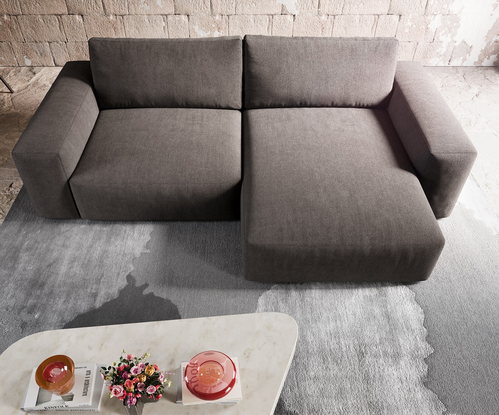 Canapé d'angle Lanzo XL 270x180 cm microfibre marron kaki Recamière variable 3