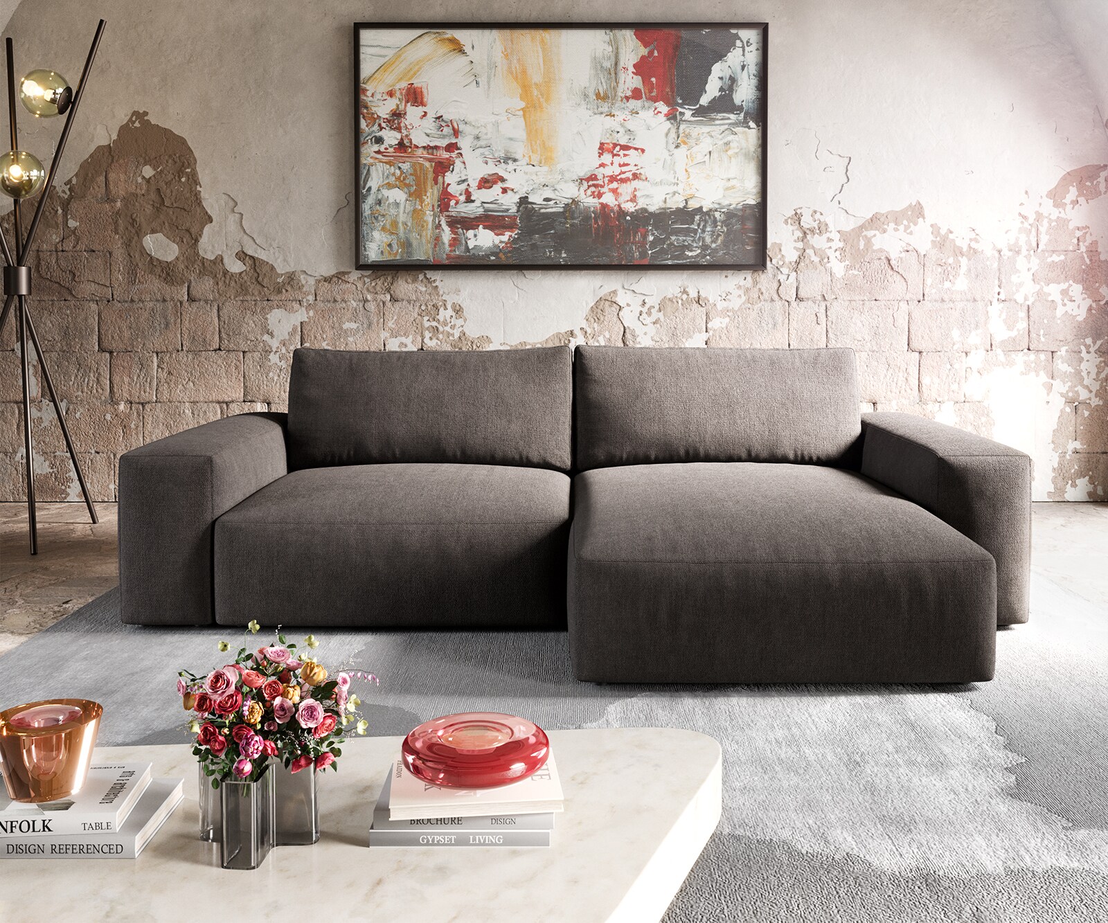Canapé d'angle Lanzo XL 270x180 cm microfibre marron kaki Recamière variable 1