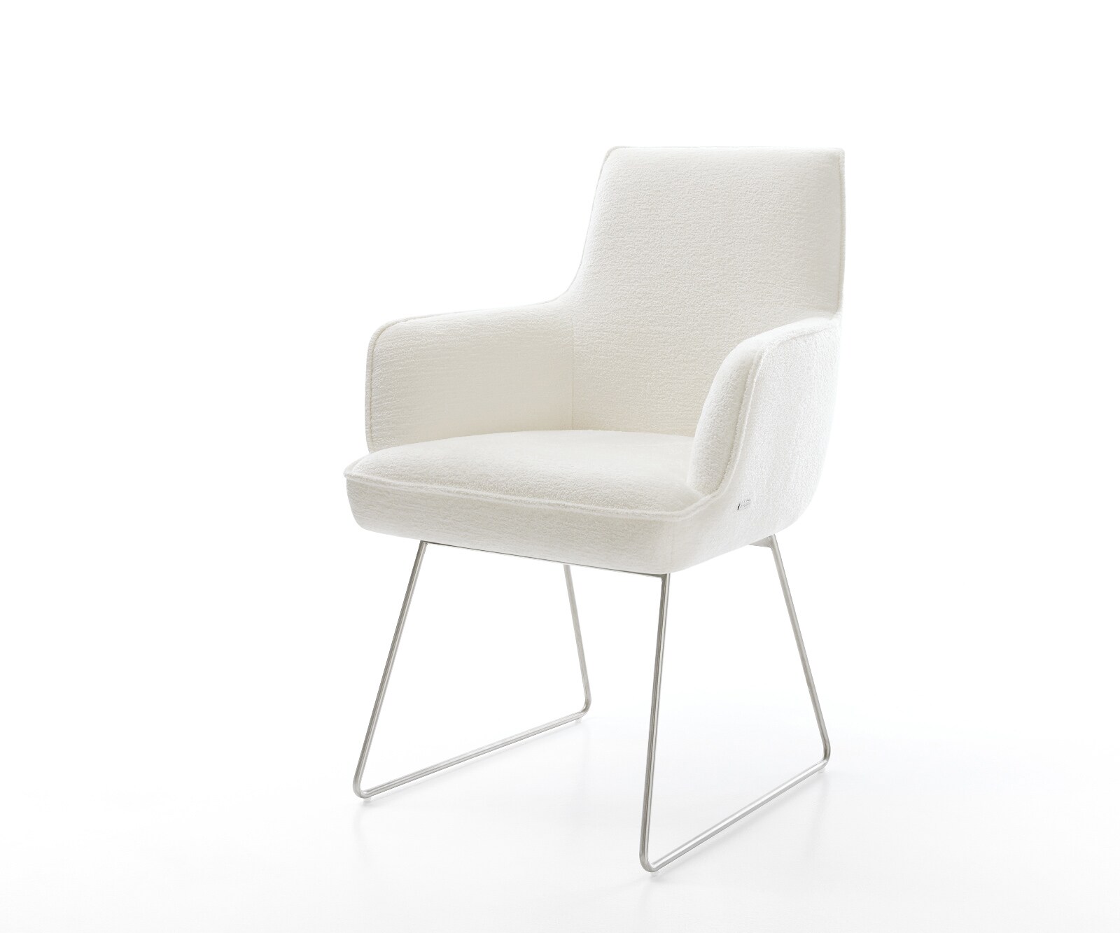 Esszimmerstuhl Heira-Flex mit Armlehnen Bouclé Soft Beige Kufengestell Edelstahl Taschenfederkern