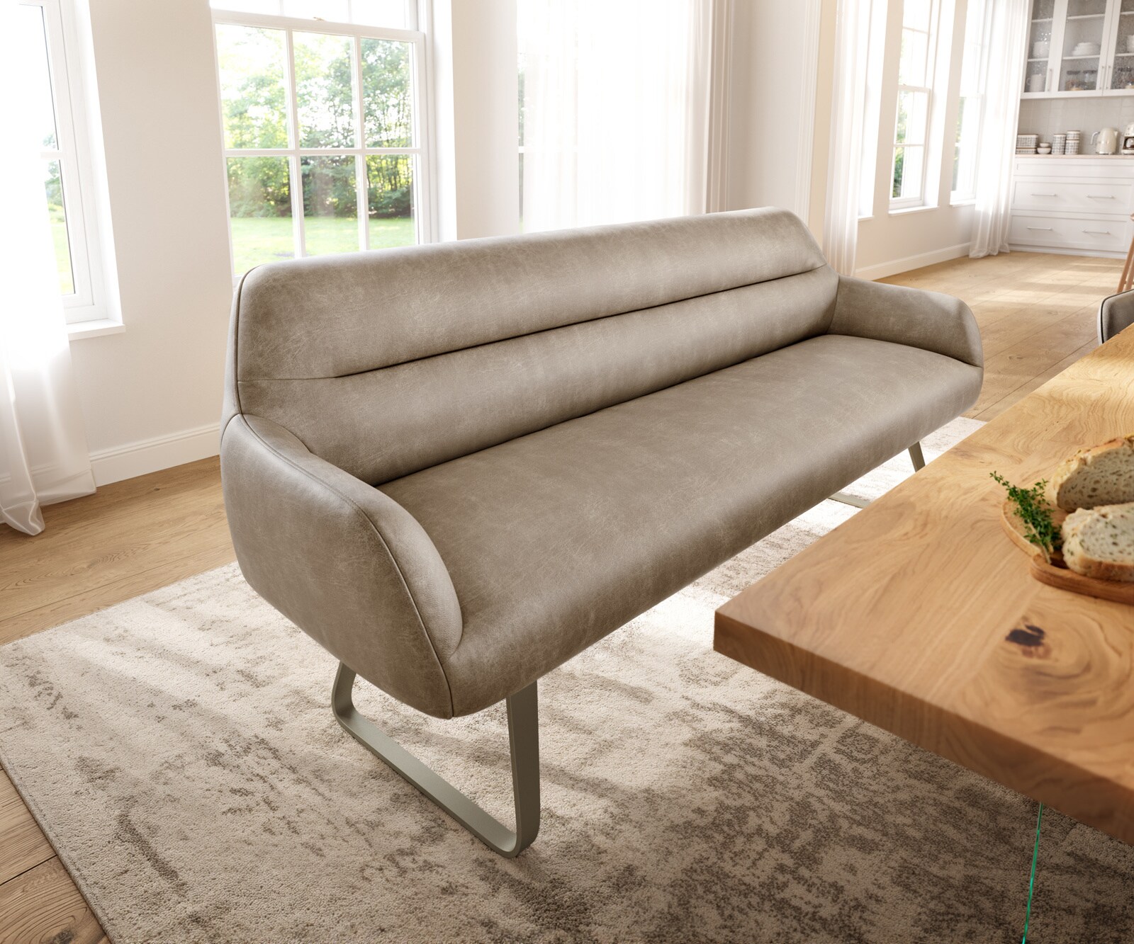 Banc-de-salle-à-manger Taya-Flex 200 cm microfibre beige vintage châssis à patins plat titane ressort ensaché