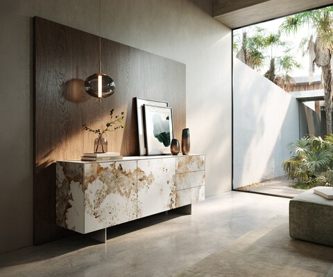 Sideboard Cuor 180 cm Keramik Minas Melange Weiß-Beige 2 Türen 3 Schubfächer Fuß Schwebeoptik Edelstahl
