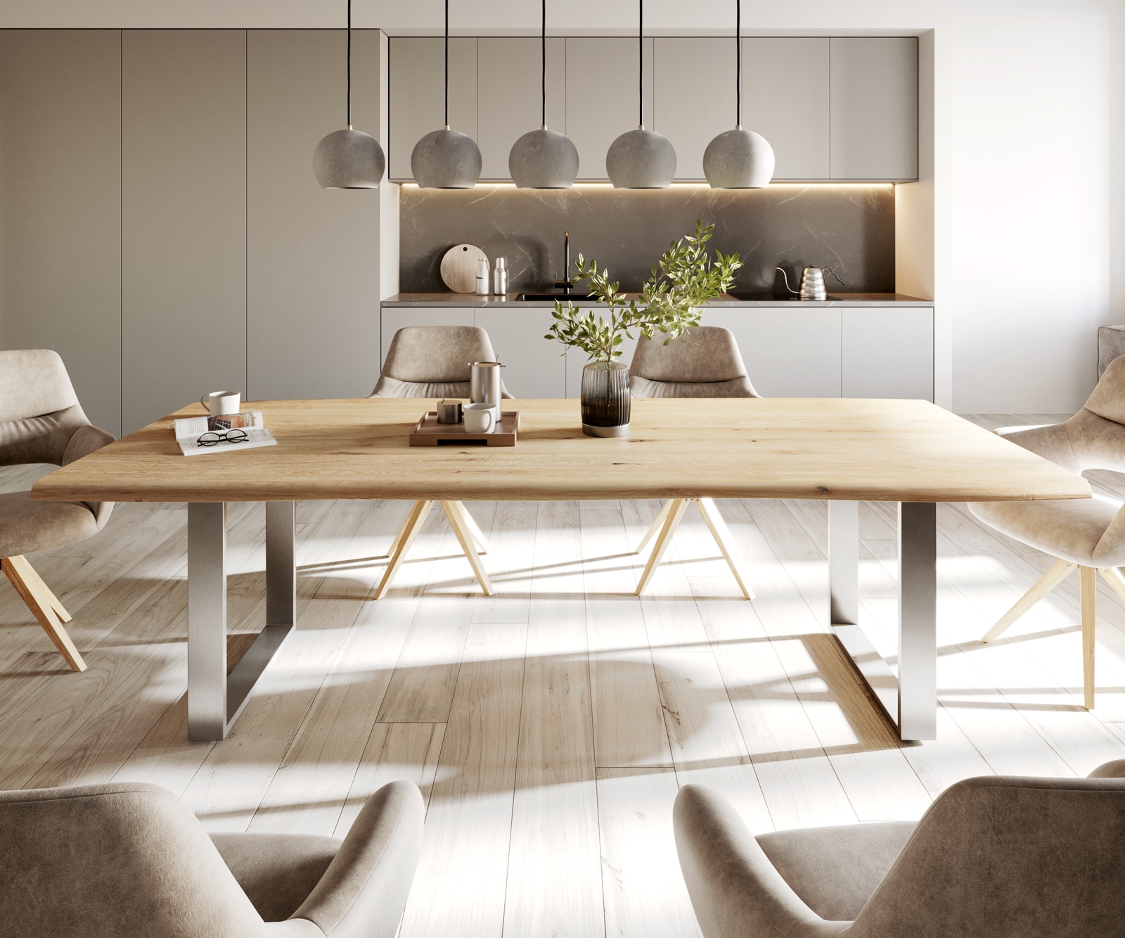 Esstisch Edge 260x100x2,5-3 Eiche Natur Edelstahl schmal Live-Edge 1 Esstisch Edge 260x100x2,5-3 Eiche Natur Edelstahl schmal Live-Edge 1