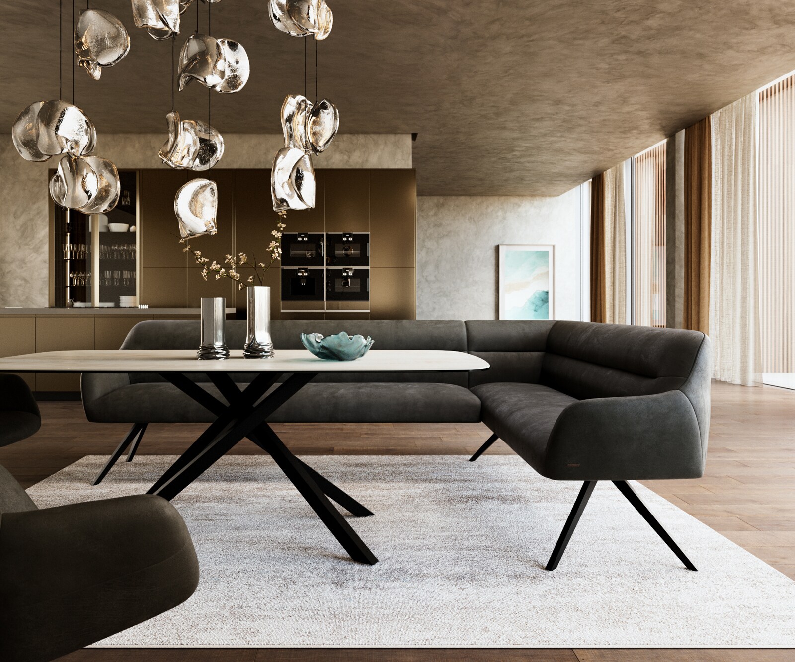 Esszimmerbank Taya-Flex 285x190 cm Mikrofaser Anthrazit Vintage Kreuzgestell kantig Schwarz Taschenfederkern Links 1