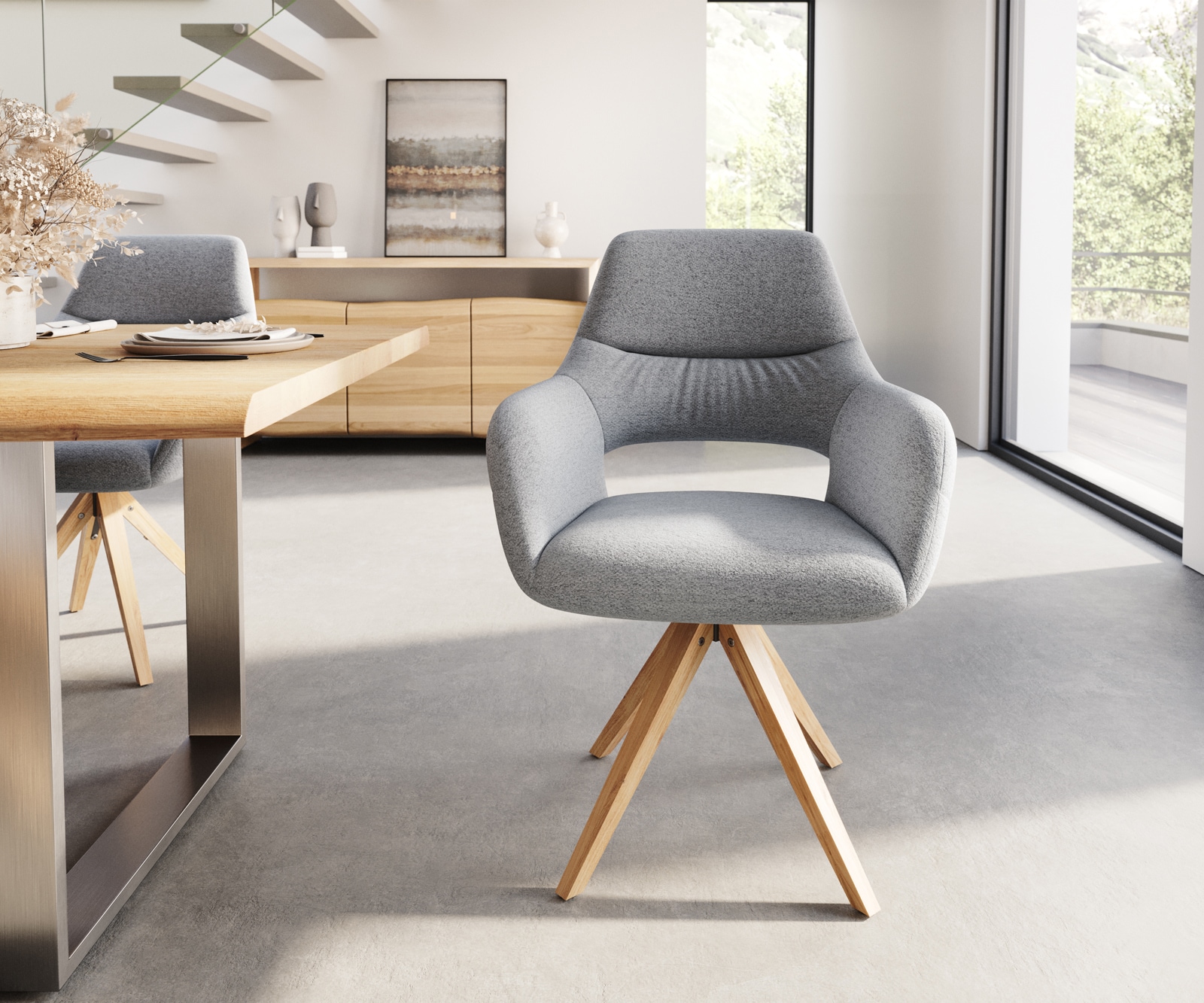 Esszimmerstuhl Yago-Flex mit Armlehnen Strukturstoff Hellgrau Holzgestell kantig Natur Taschenfederkern 1 Esszimmerstuhl Yago-Flex mit Armlehnen Strukturstoff Hellgrau Holzgestell kantig Natur Taschenfederkern 1