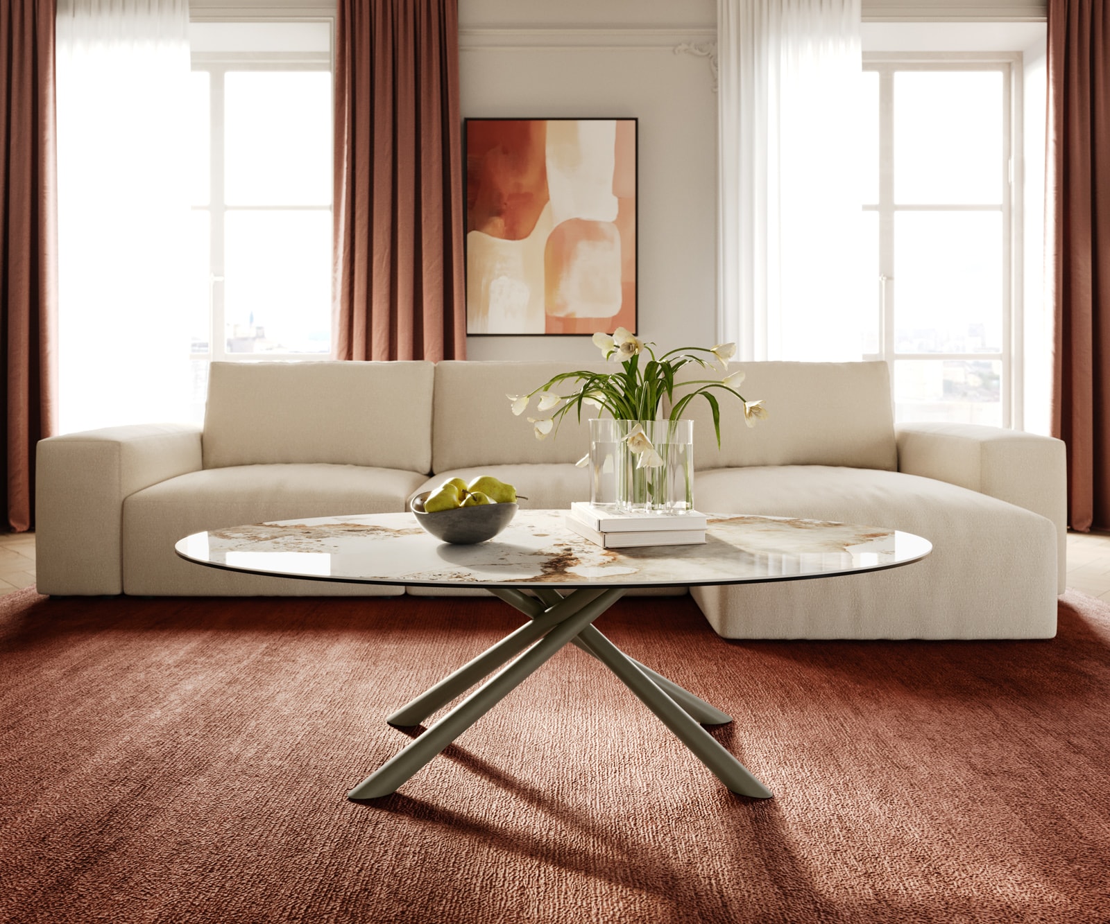 Table basse Edge Oval 140x80 cm céramique Minas Melange Sarity Metall finition effet titane 2