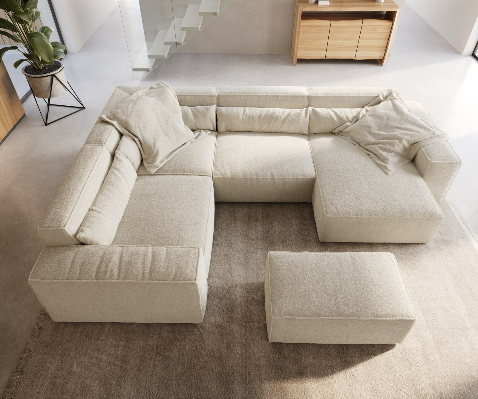 Wohnlandschaft Sirpio 300x200 cm Bouclé Creme-Weiß Recamiere variabel mit Hocker 3