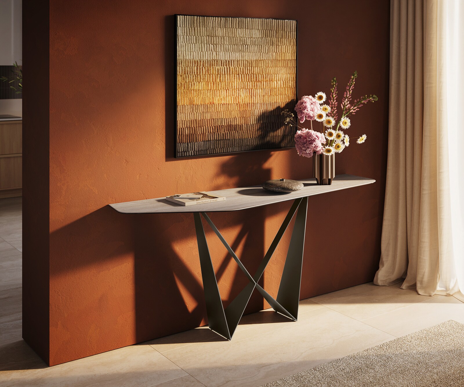 Console Edge Polygonal 180x50 cm Céramique Laminam® Travertino Bianco Creme-Weiß Spios Métal Effektfinish Titan