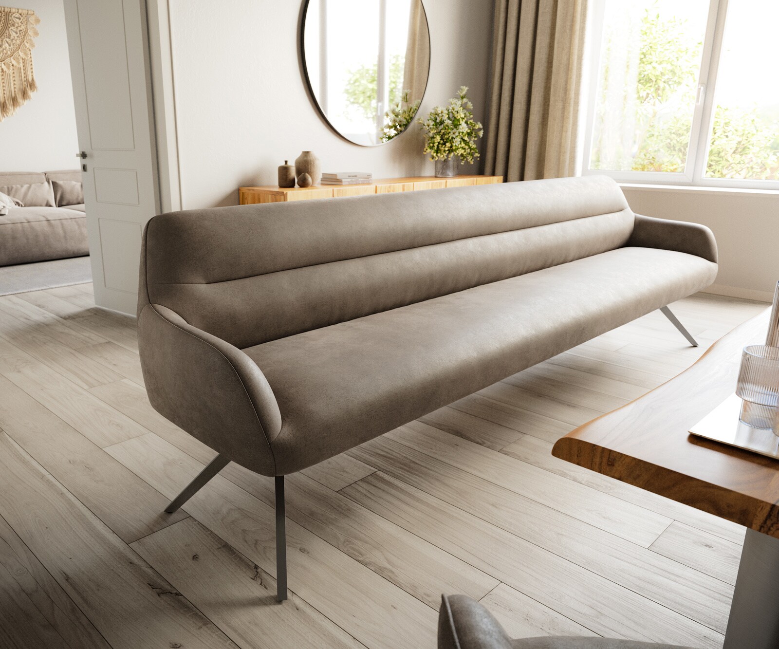 Banc-de-salle-à-manger Taya-Flex 300 cm microfibre taupe vintage pied croisé angulaire grafiete ressort ensaché