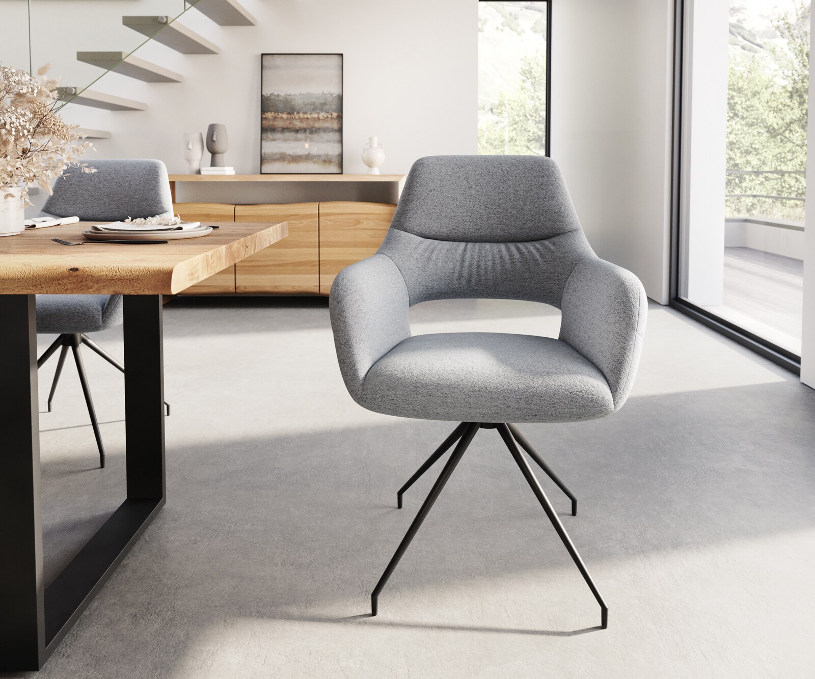 Esszimmerstuhl Yago-Flex mit Armlehnen Strukturstoff Hellgrau Kreuzgestell konisch Schwarz Taschenfederkern 1 Esszimmerstuhl Yago-Flex mit Armlehnen Strukturstoff Hellgrau Kreuzgestell konisch Schwarz Taschenfederkern 1