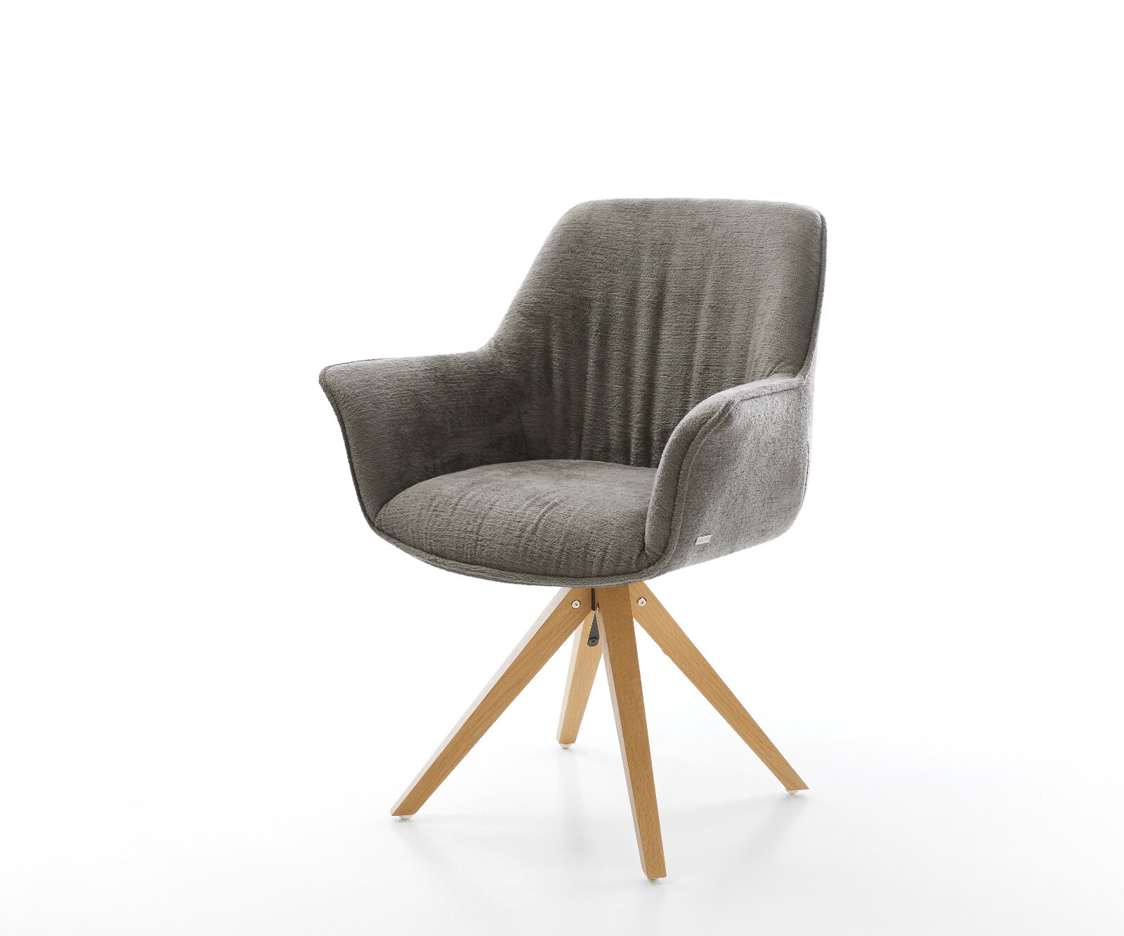 Chaise-pivotante Keila-Flex avec accoudoirs bouclé doux couleur boue pied en bois angulaire naturel pivotement sur 180° 1