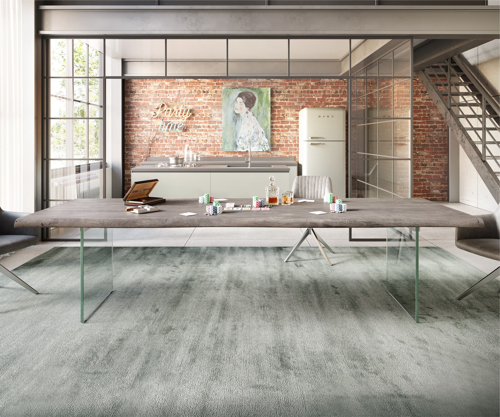 Esstisch Edge 300x100 XL Akazie Platin Glas Live-Edge 6