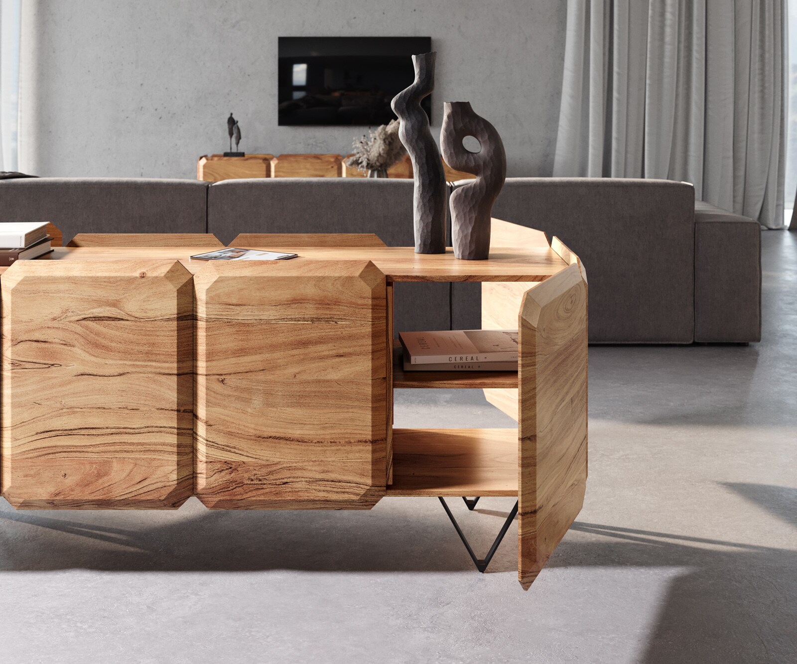 Buffet Kiano 175 cm Acacia Nature 4 Portes Pied en V Noir Séparateur de pièce 5