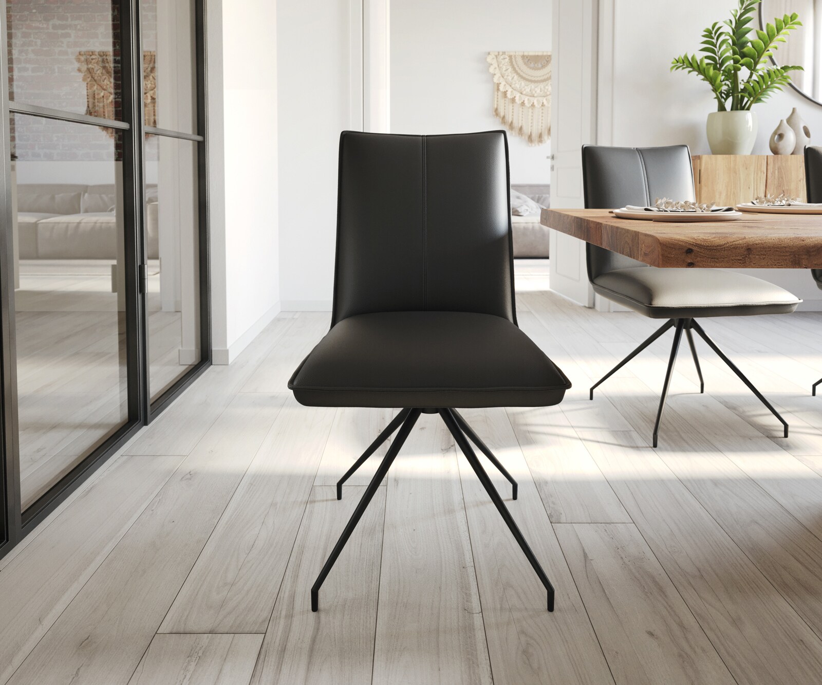 Chaise-de-salle-à-manger Lelio-Flex cuir de vache noir pied croisé conique noir ressorts ensachés 1