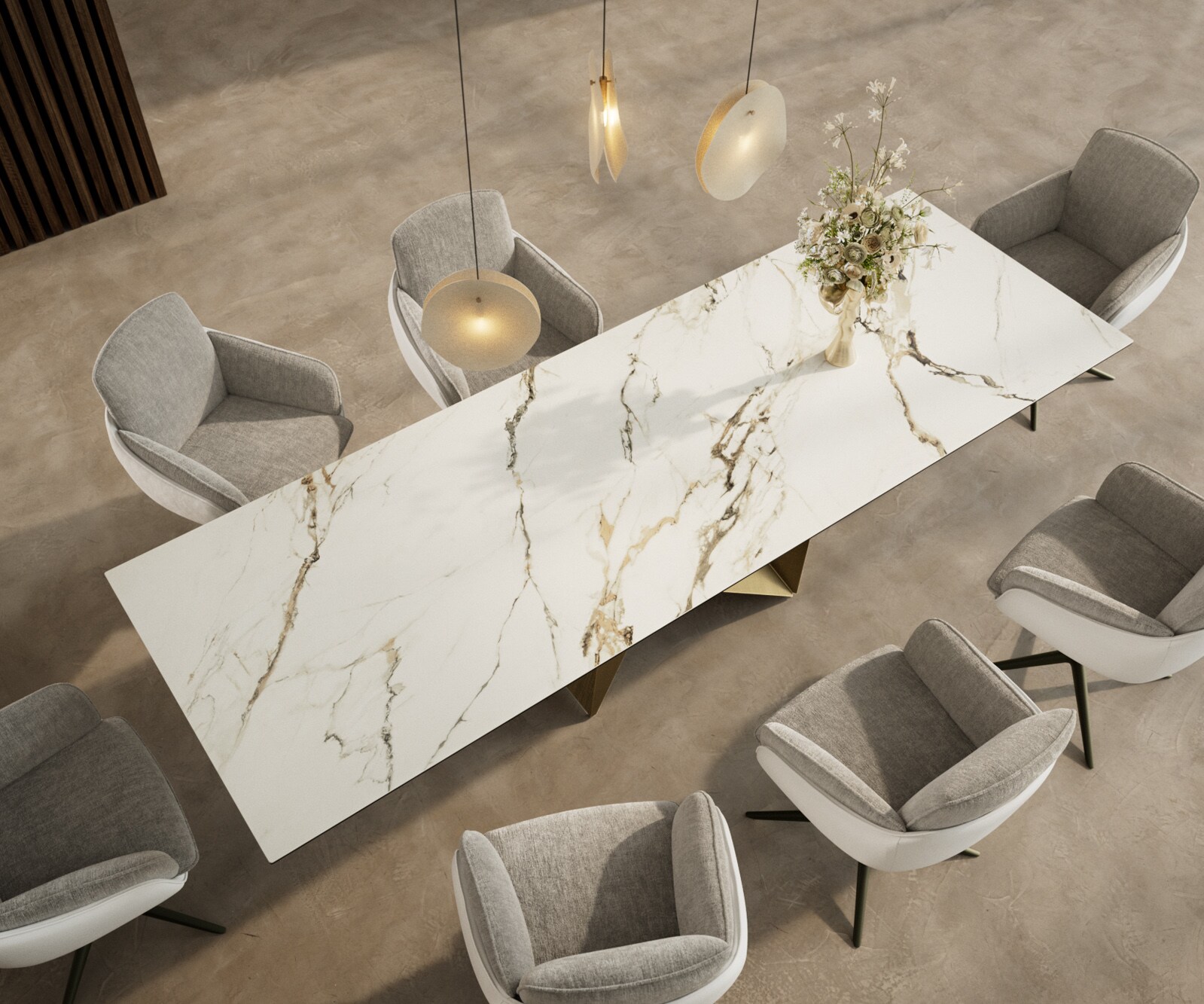 Esstisch Edge 300x100 Keramik Calacatta Luxe Weiß-Gold-Grau Origami Metallic Gold 3