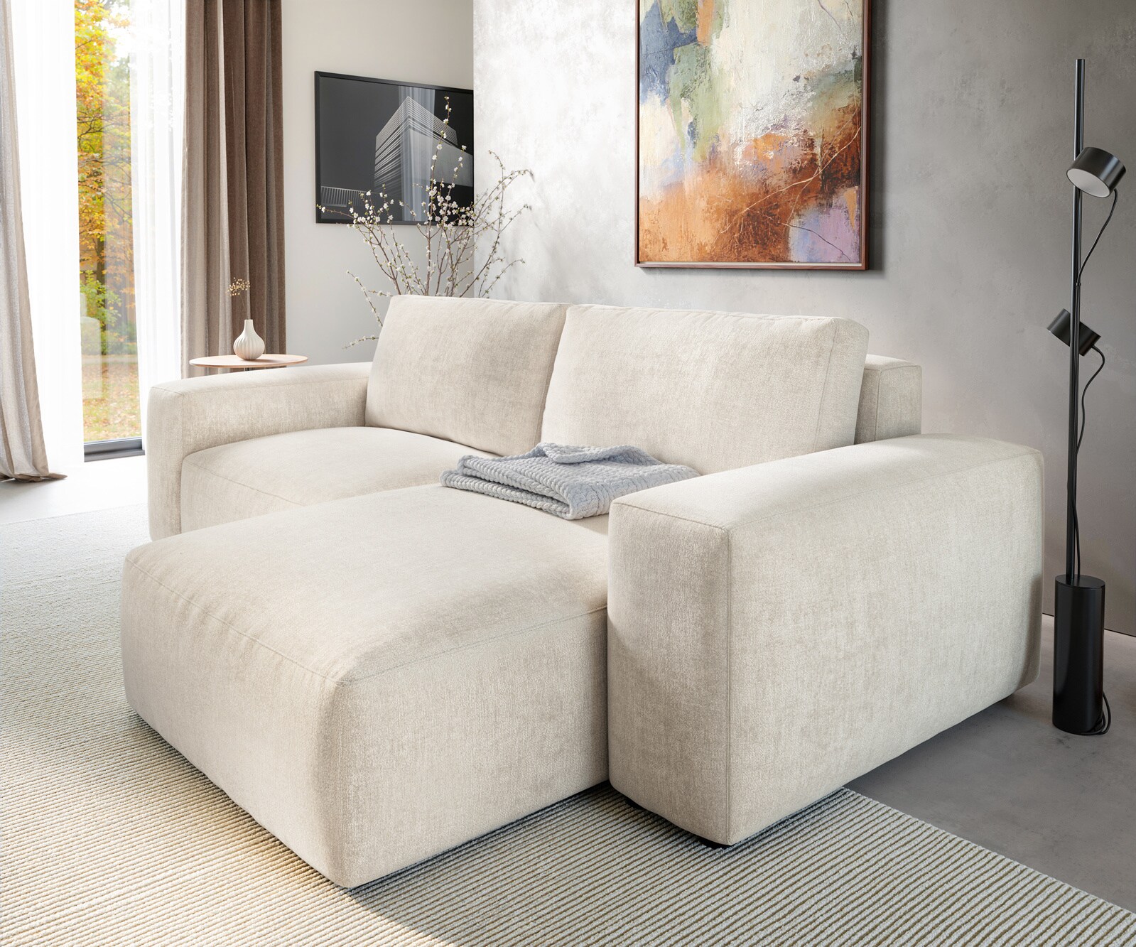 Ecksofa Lanzo 230x155 cm Strukturstoff Soft Beige Recamiere variabel mit Hocker 5