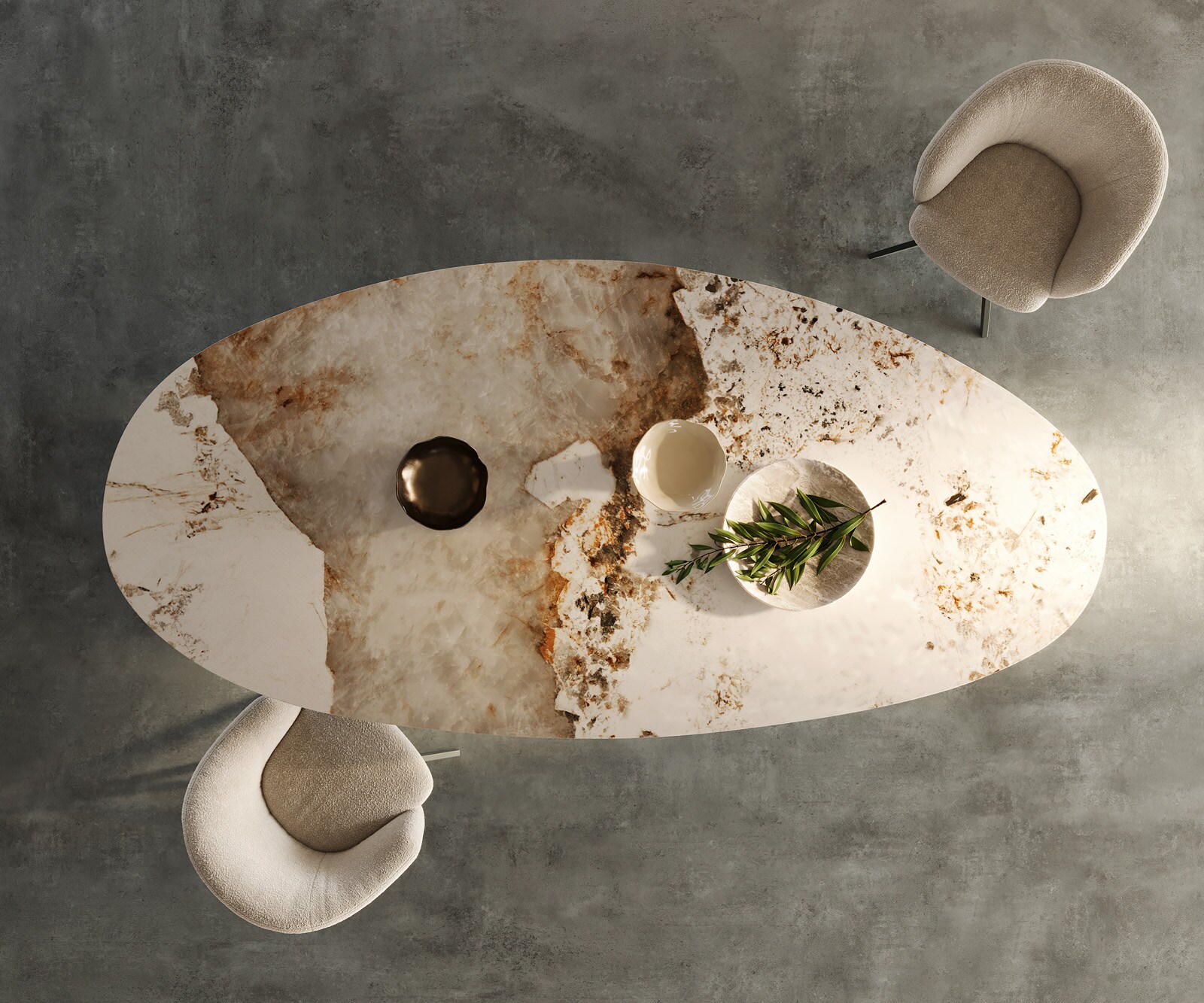 Esstisch Edge Oval 280x130 Keramik Minas Melange Weiß-Beige Estelar rund Metall Effektfinish Titan 4