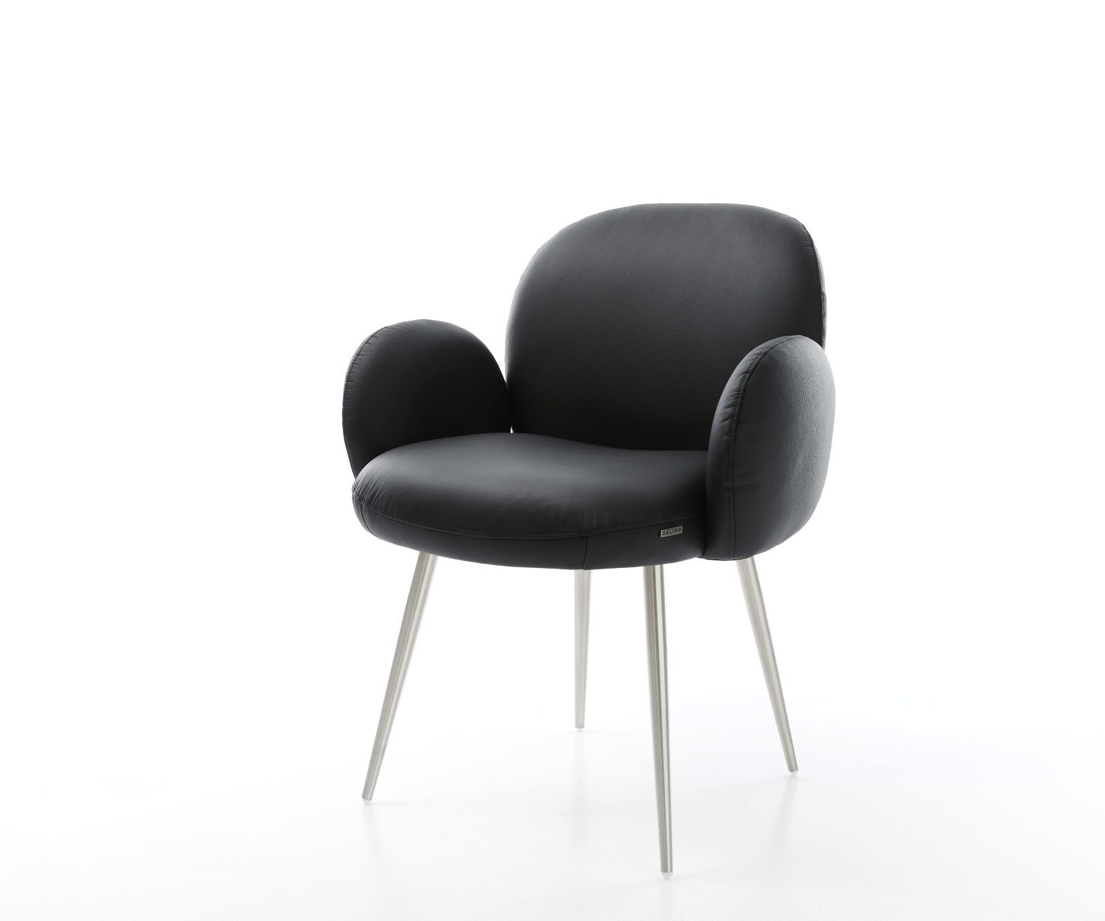 Chaise-de-salle-à-manger Nube-Flex avec accoudoirs cuir de vache noir 4 pieds coniques acier inoxydable brossé ressorts ensachés 1